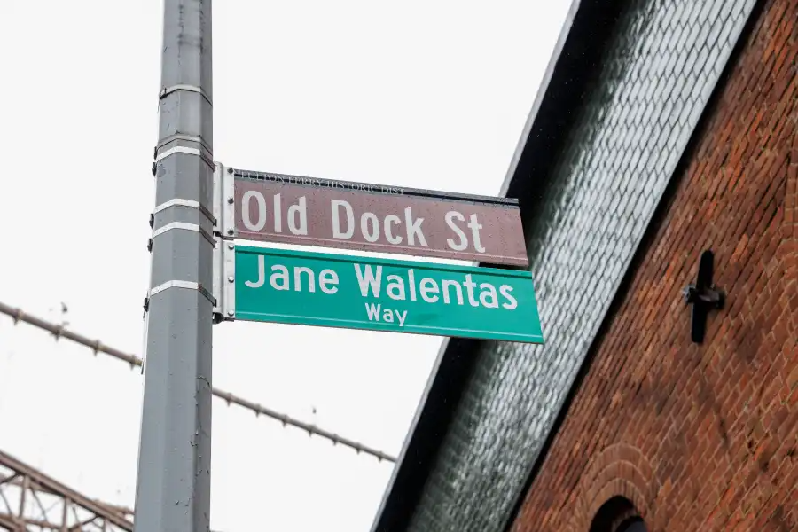 Old Dock Street at the corner of Water Street in DUMBO is co-named ‘Jane Walentas Way’ on Tuesday, May 6, 2025.
