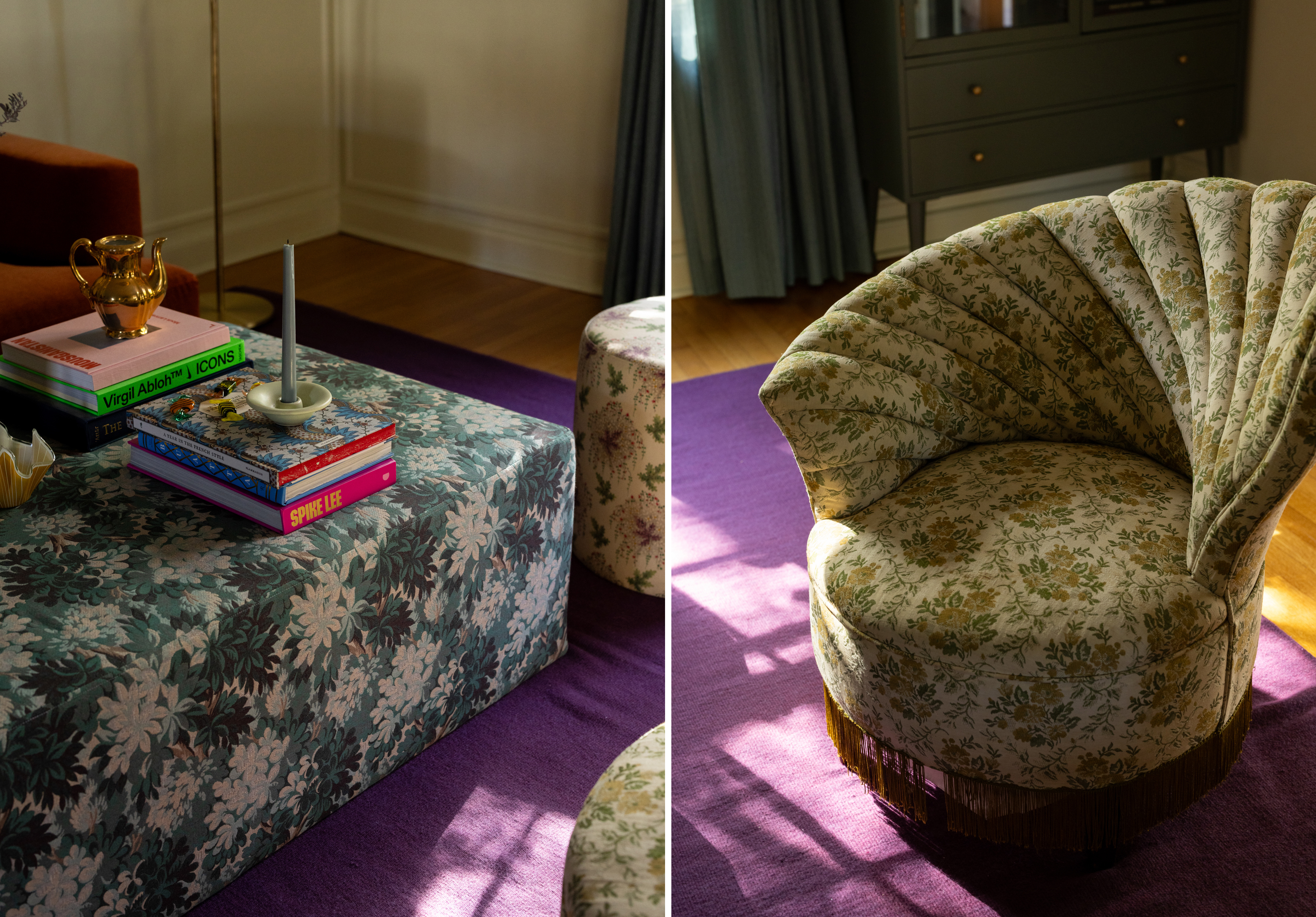 collage showing upholstered furniture on a purple rug