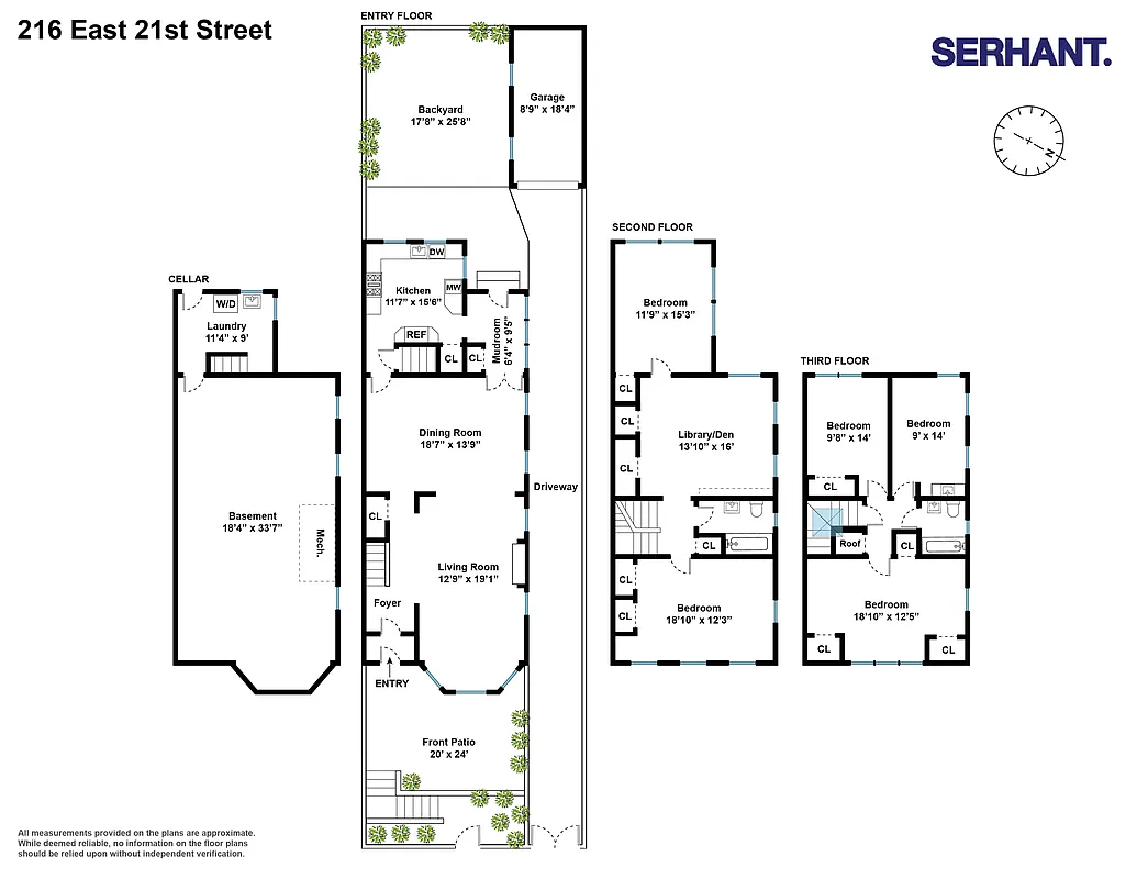 floorplan showing kitchen on rear of main level and two floors of bedroom space
