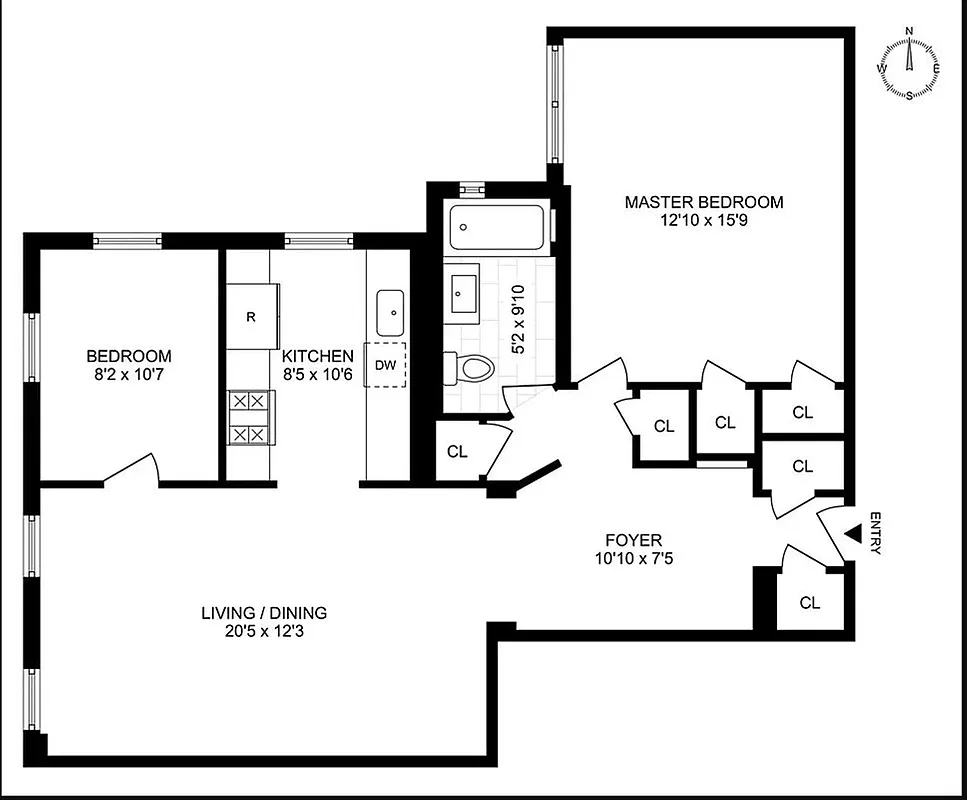 floor plan with one bedroom near foyer and the other adjacent to the kitchen