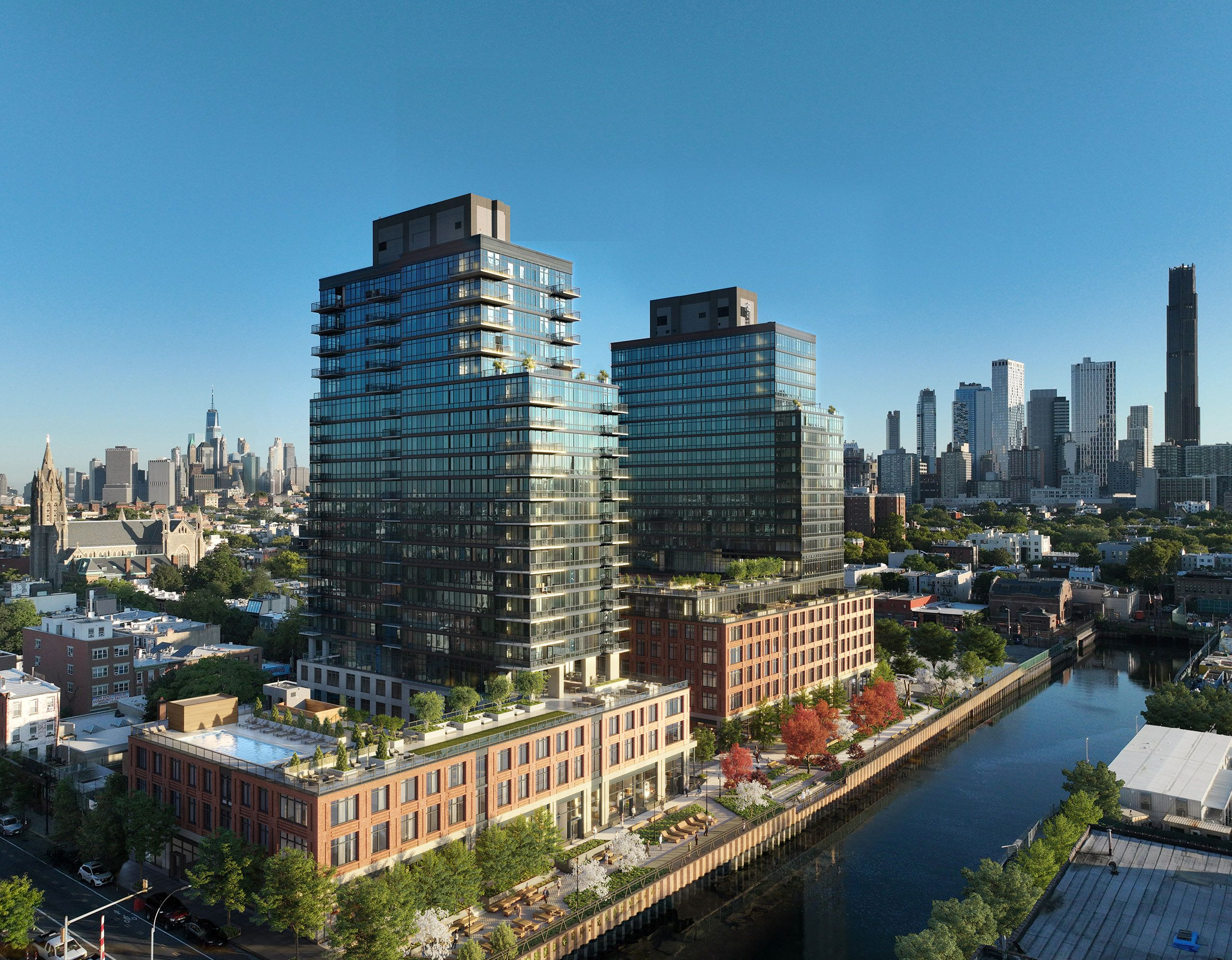 gowanus - multi-story housing complex with roof top pool