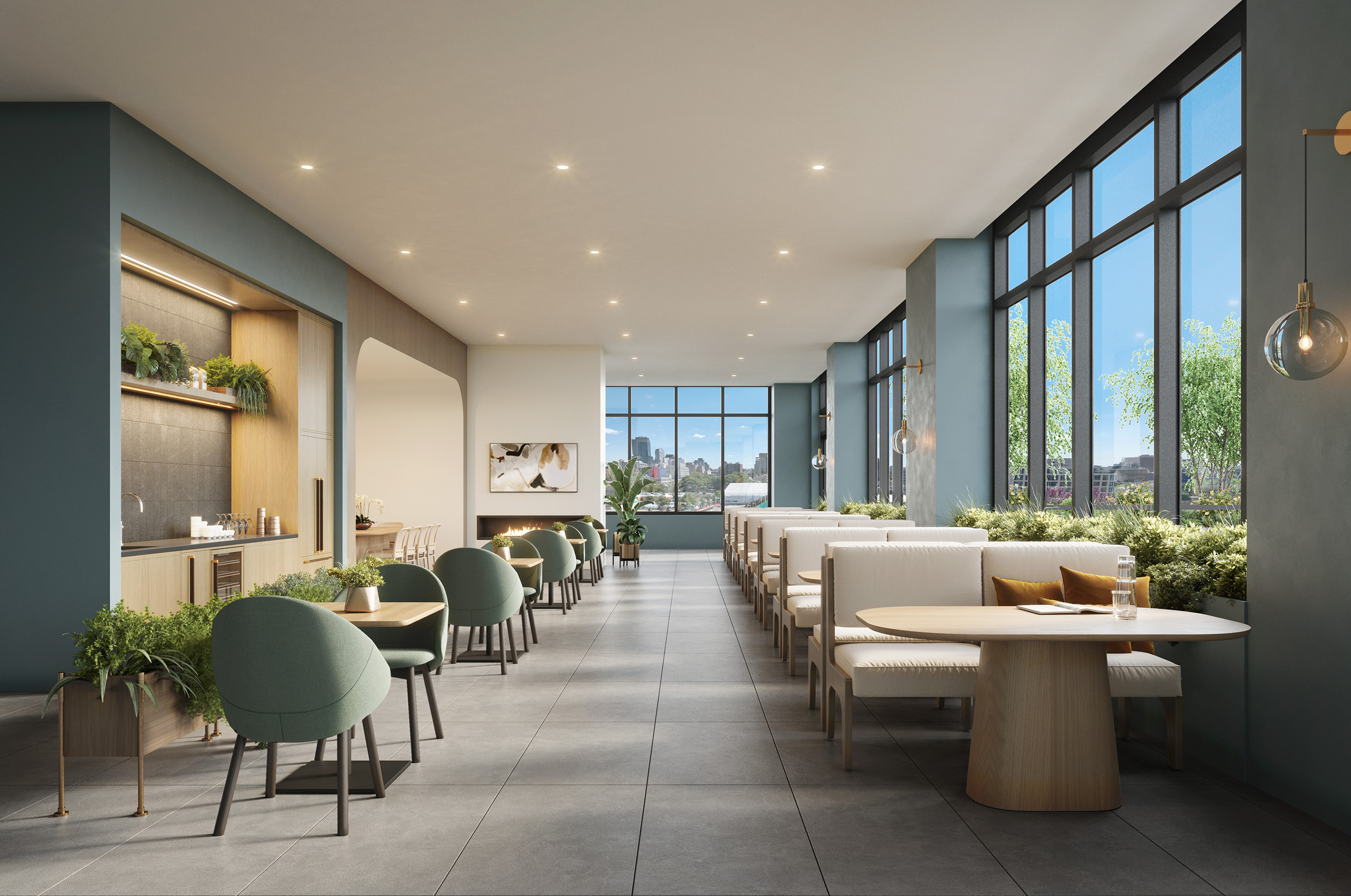 windowed lounge with booths and tables