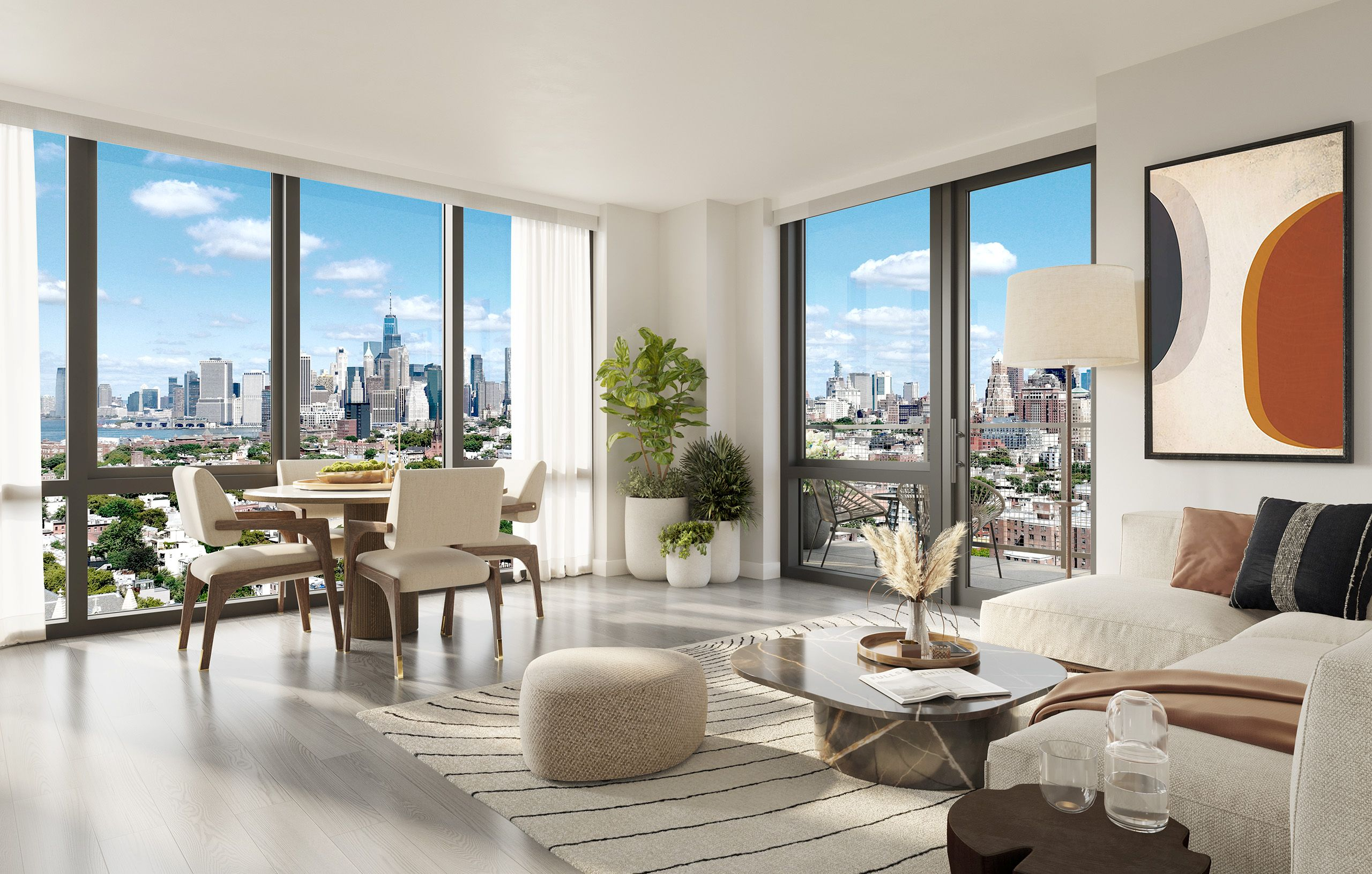 living room with floor to ceiling windows and door to a deck