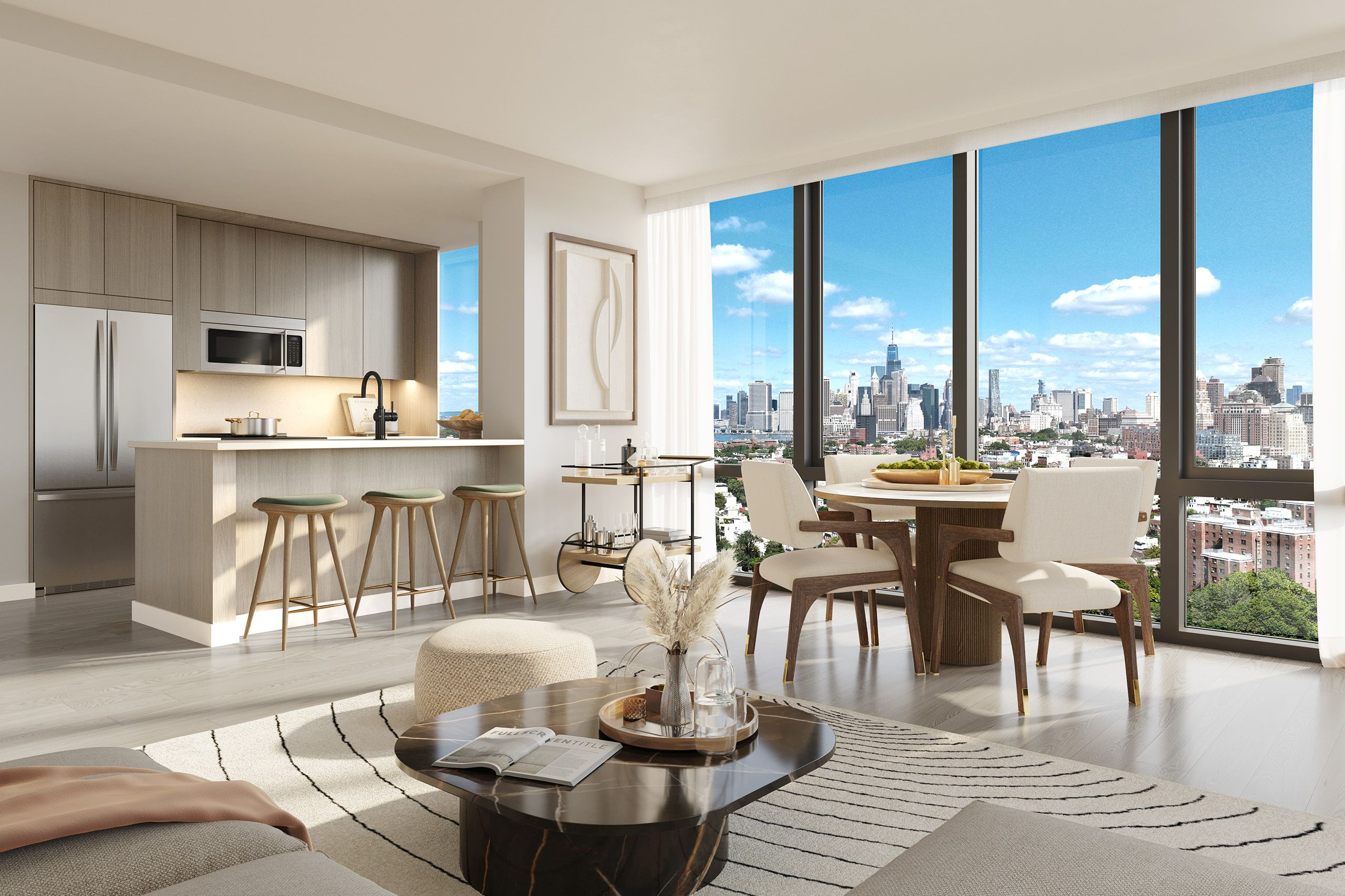 open plan living room and kitchen with floor to ceiling windows