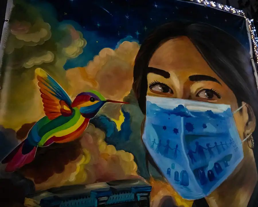 artwork of a person in a mask and a rainbow colored hummingbird