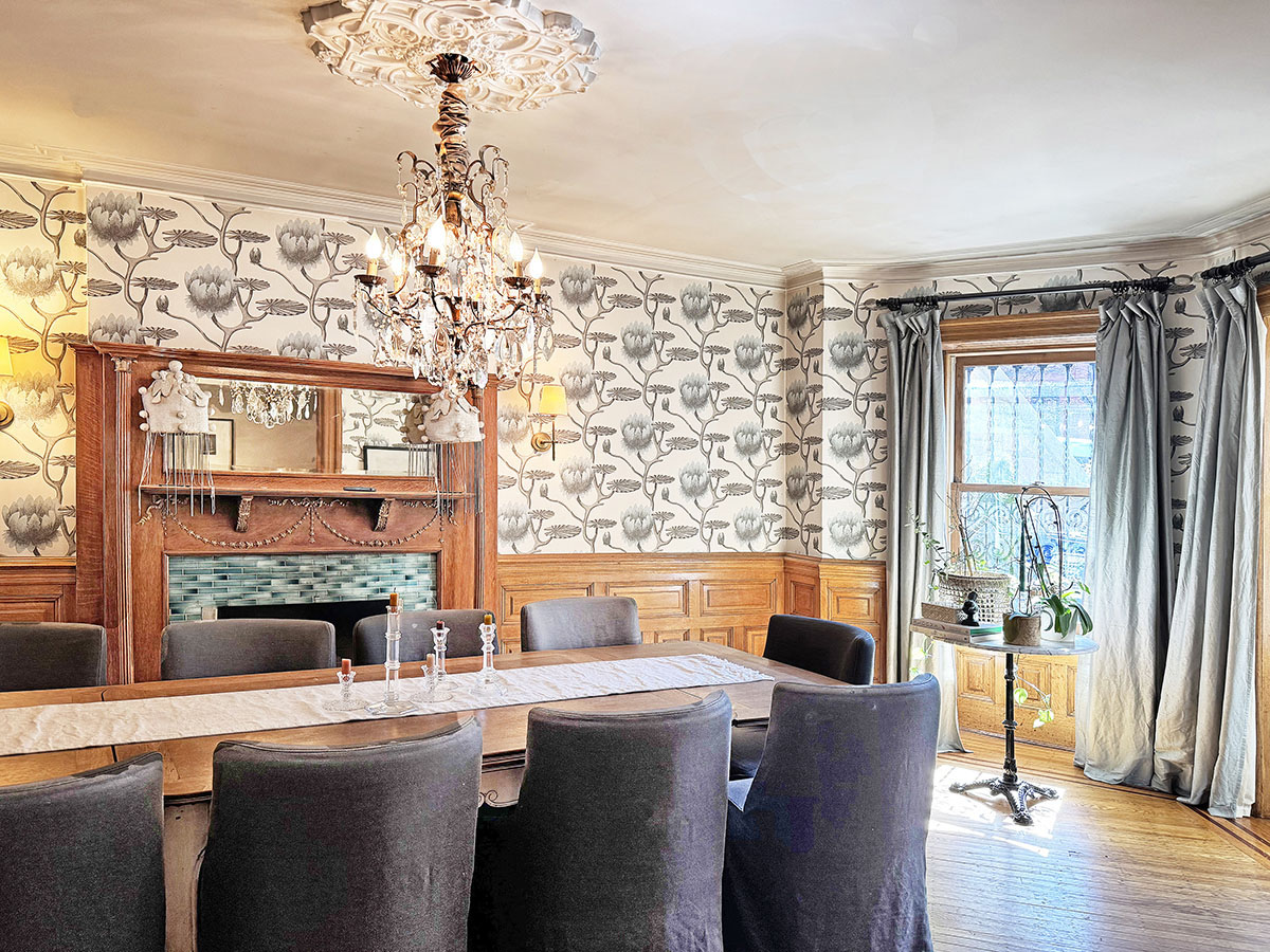 prospect lefferts gardens house tour - a dining room with a mantel