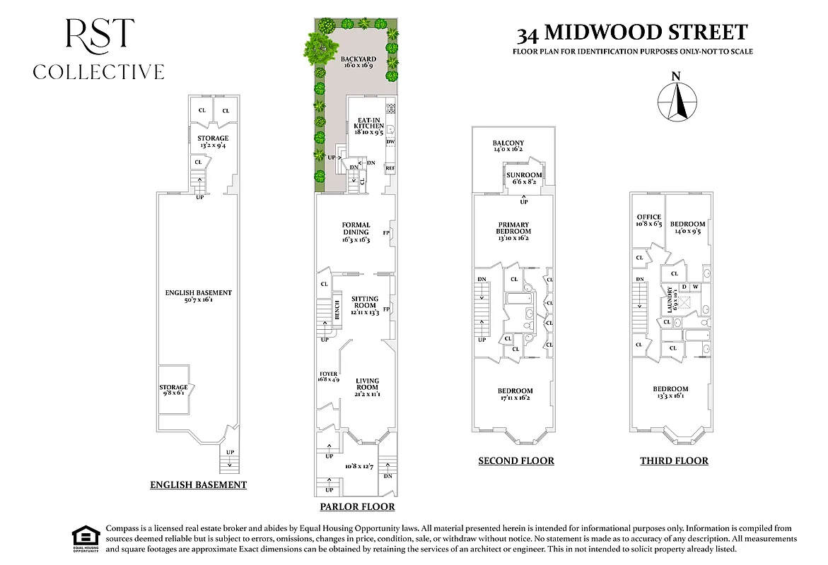 floorplan showing kitchen in rear extension of parlor level and two floors of bedrooms above