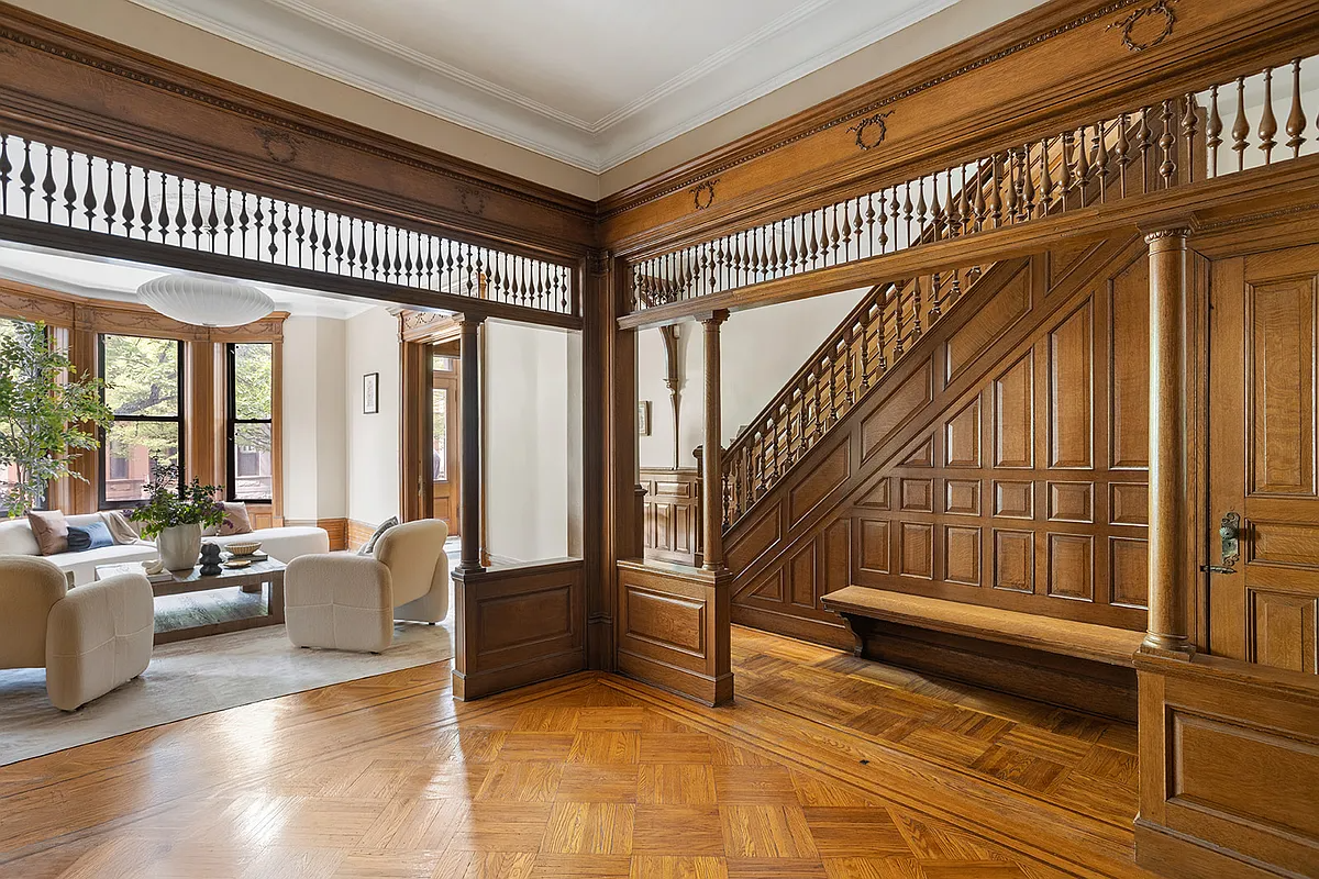 brooklyn - middle parlor with original stair, bench in prospect lefferts gardens