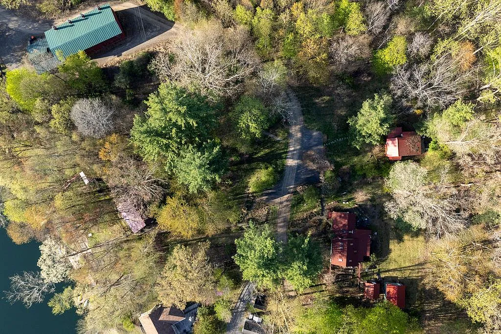aerial view showing the cottages and wooded lot