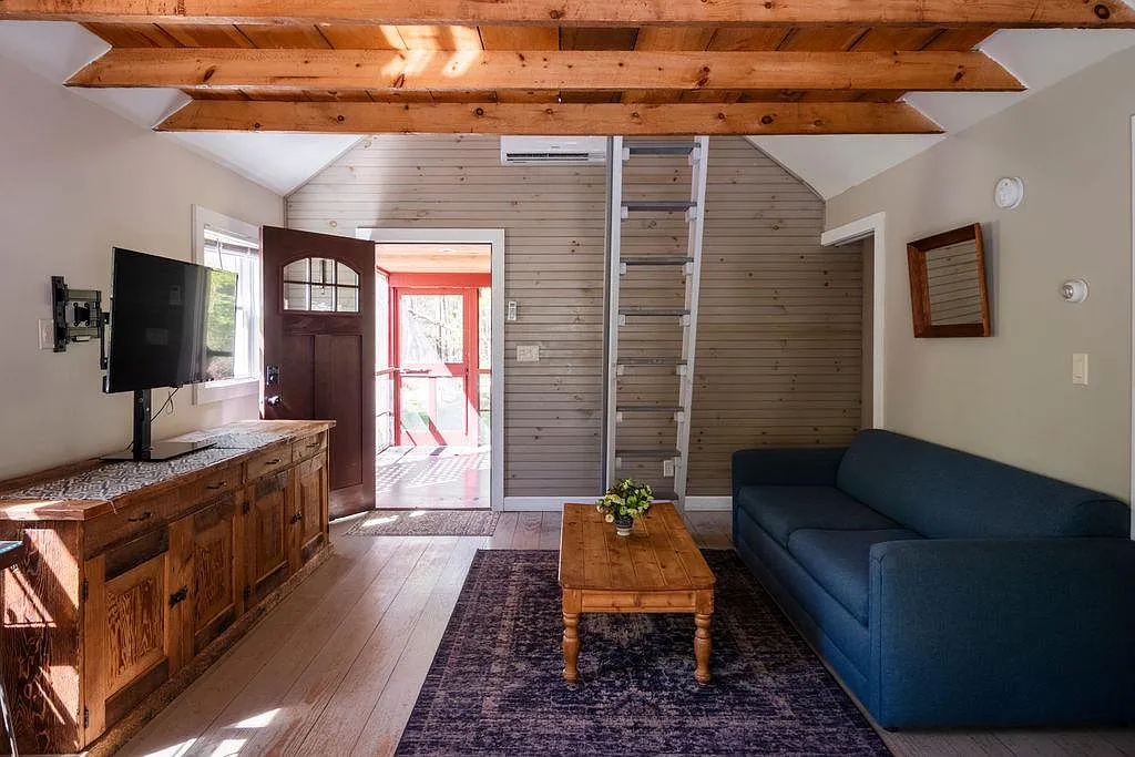 living area with a ladder to a sleeping loft