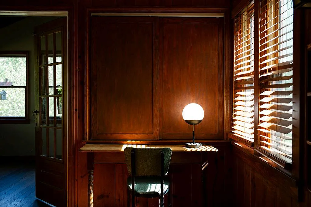 living area with wood walls, wood blinds