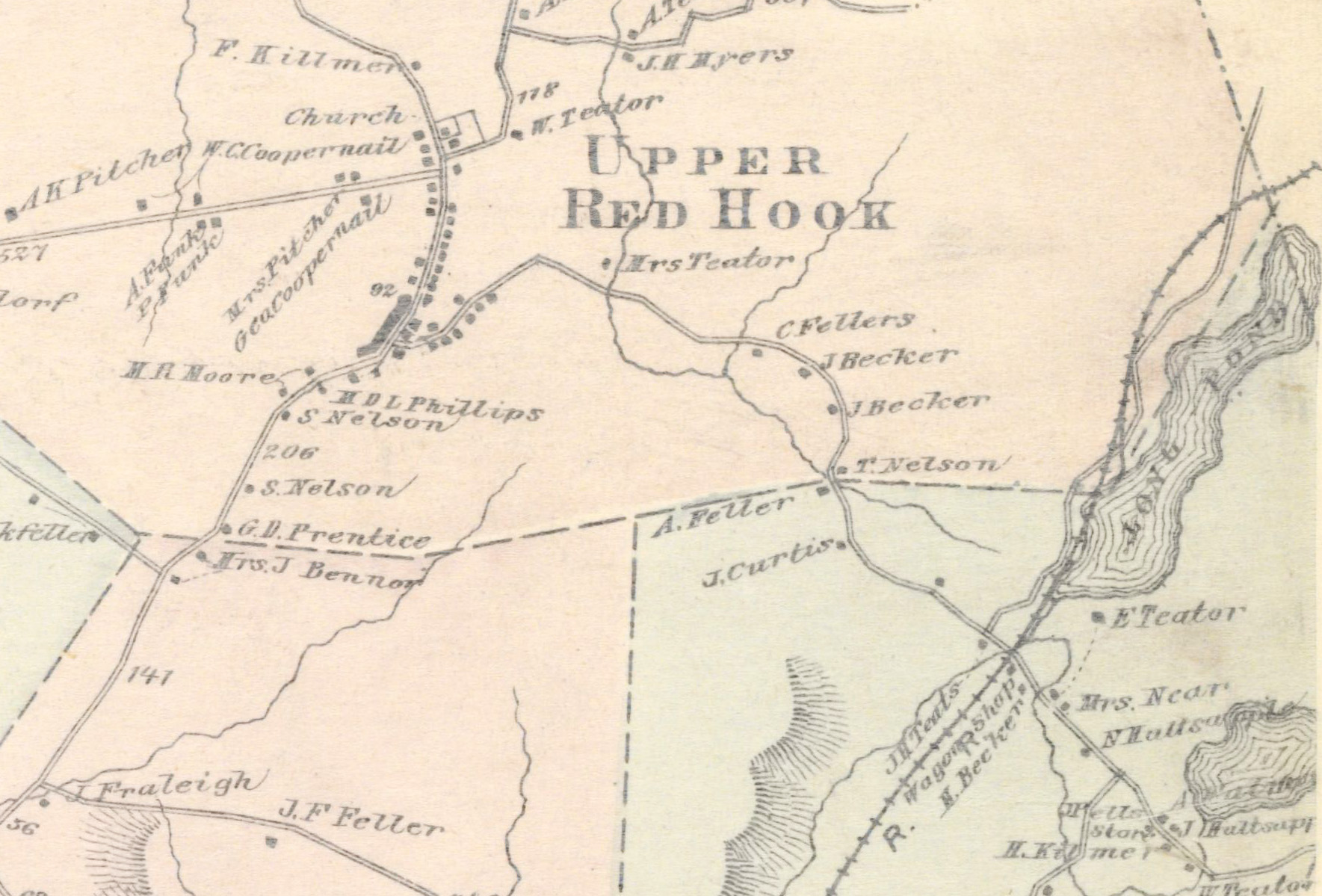A map of Red Hook Township from 1876 shows Long Pond and tracks for the Rhinebeck and Connecticut Railroad.