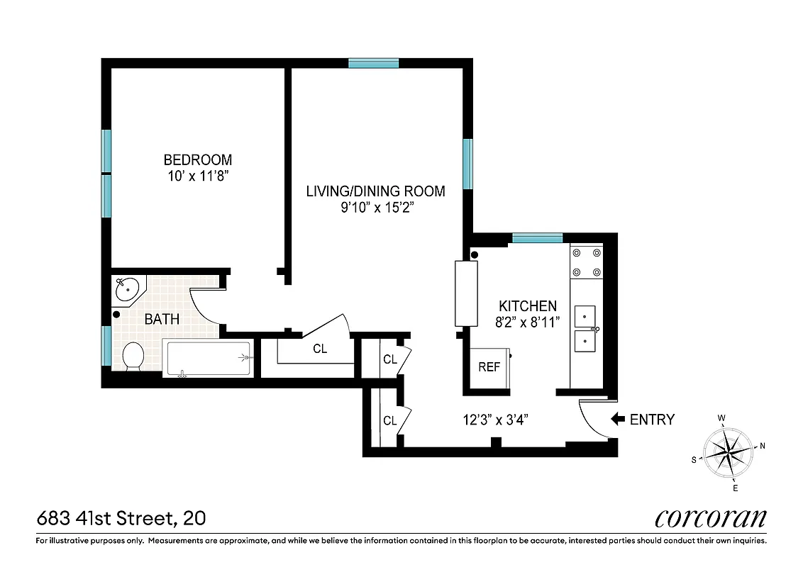 floorplan showing the bedroom on one side of the unit and the kitchen on the other, near the entry