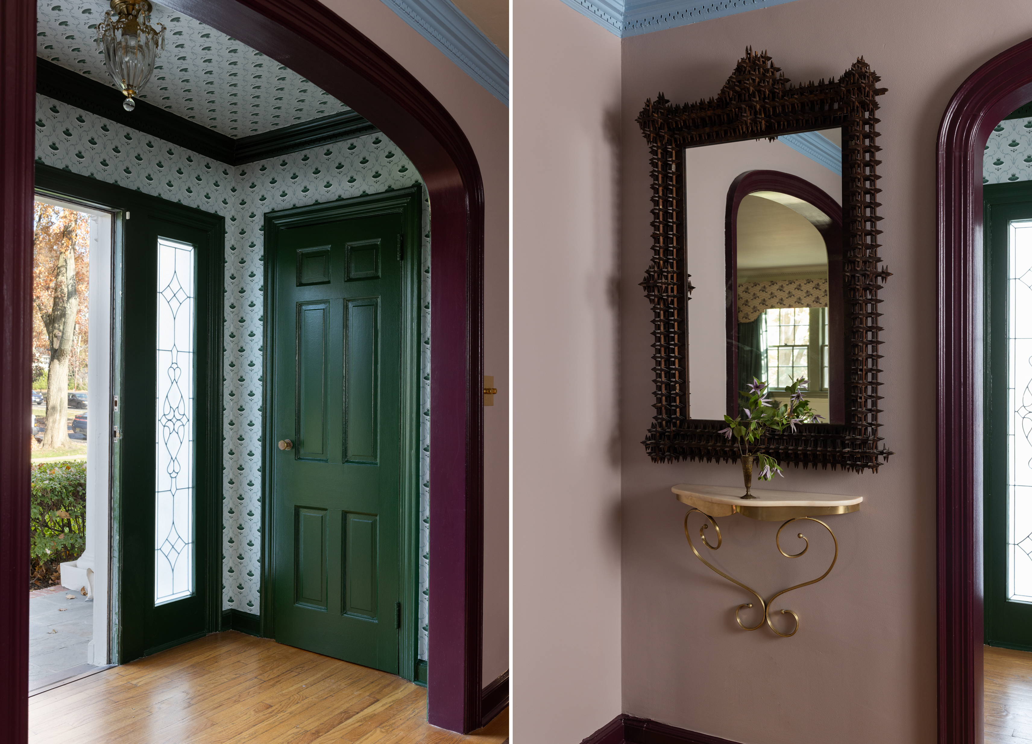 vestibule with wallpaper and a pink wall with a mirror