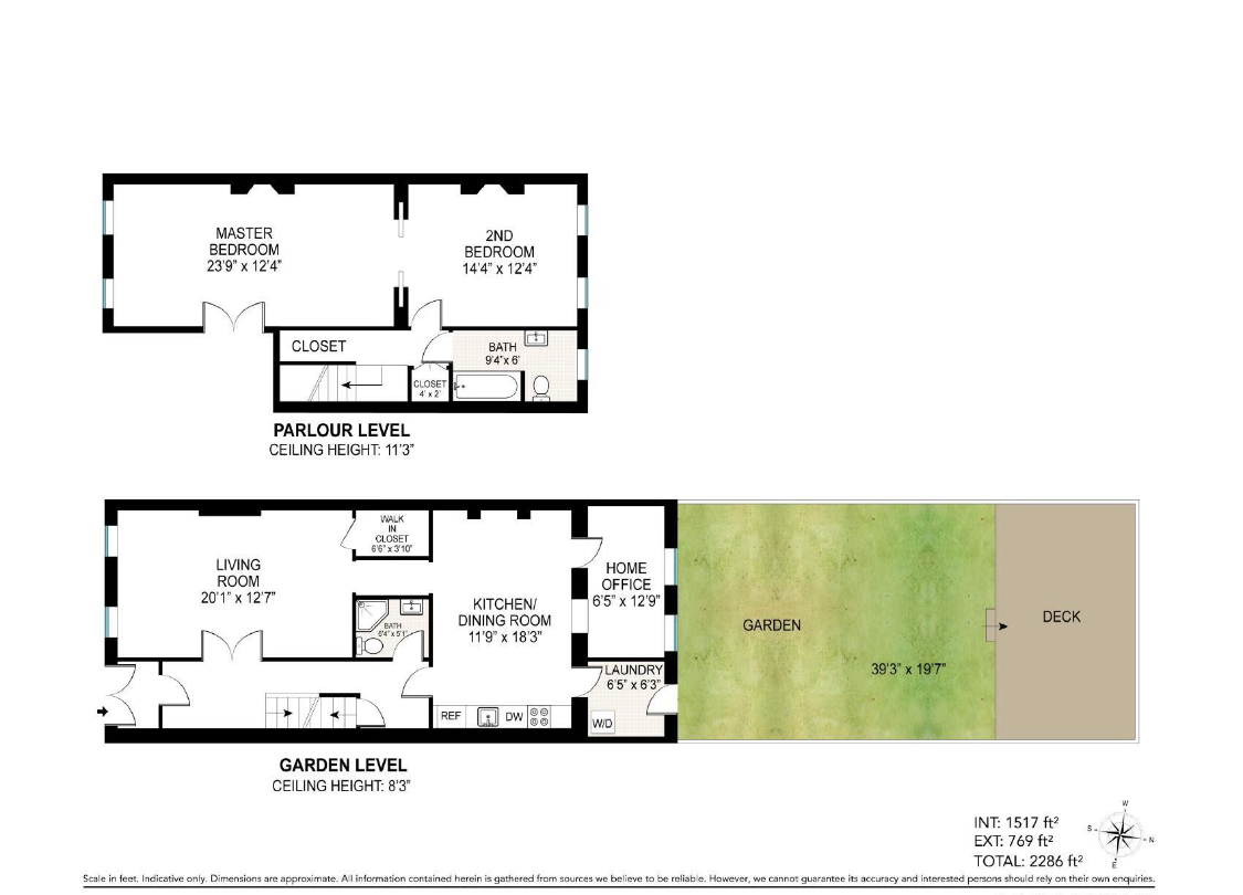 floorplan showing a duplex with a kitchen on garden level and bedrooms on parlor level