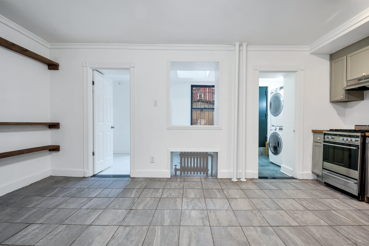 kitchen with gray tile floor