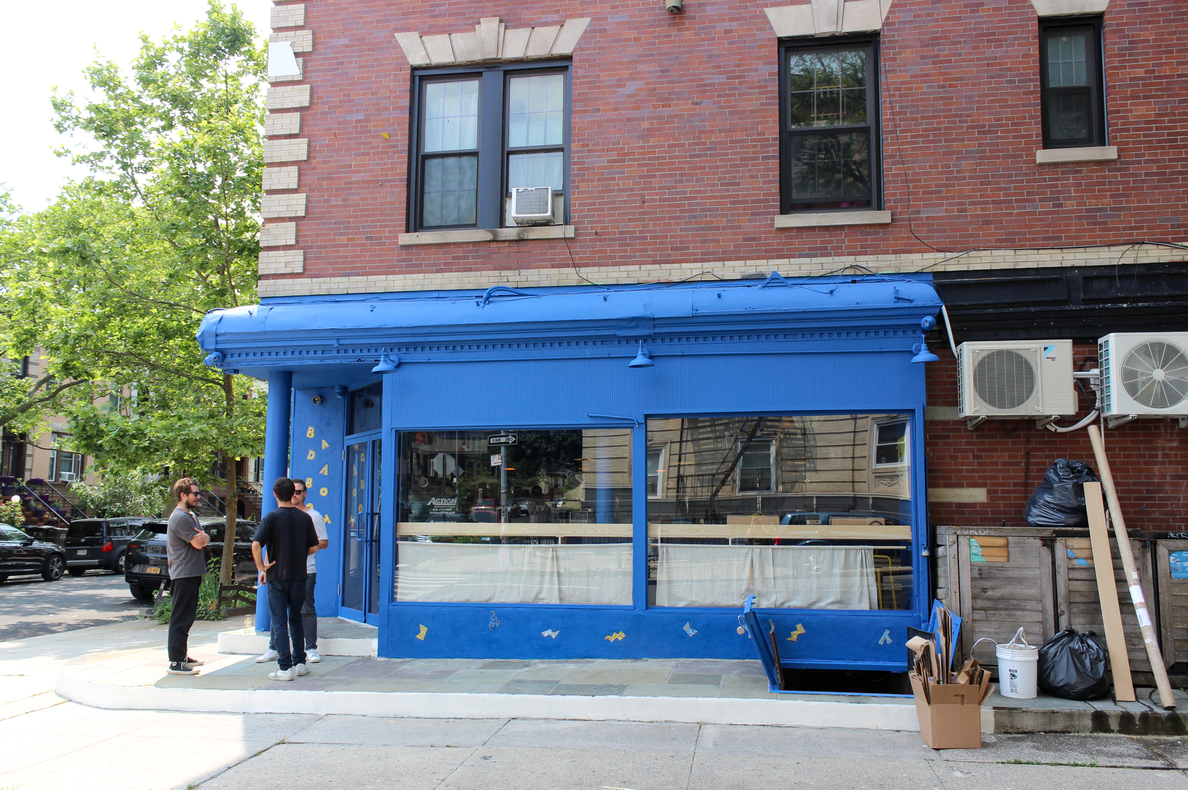 a bright blue storefront