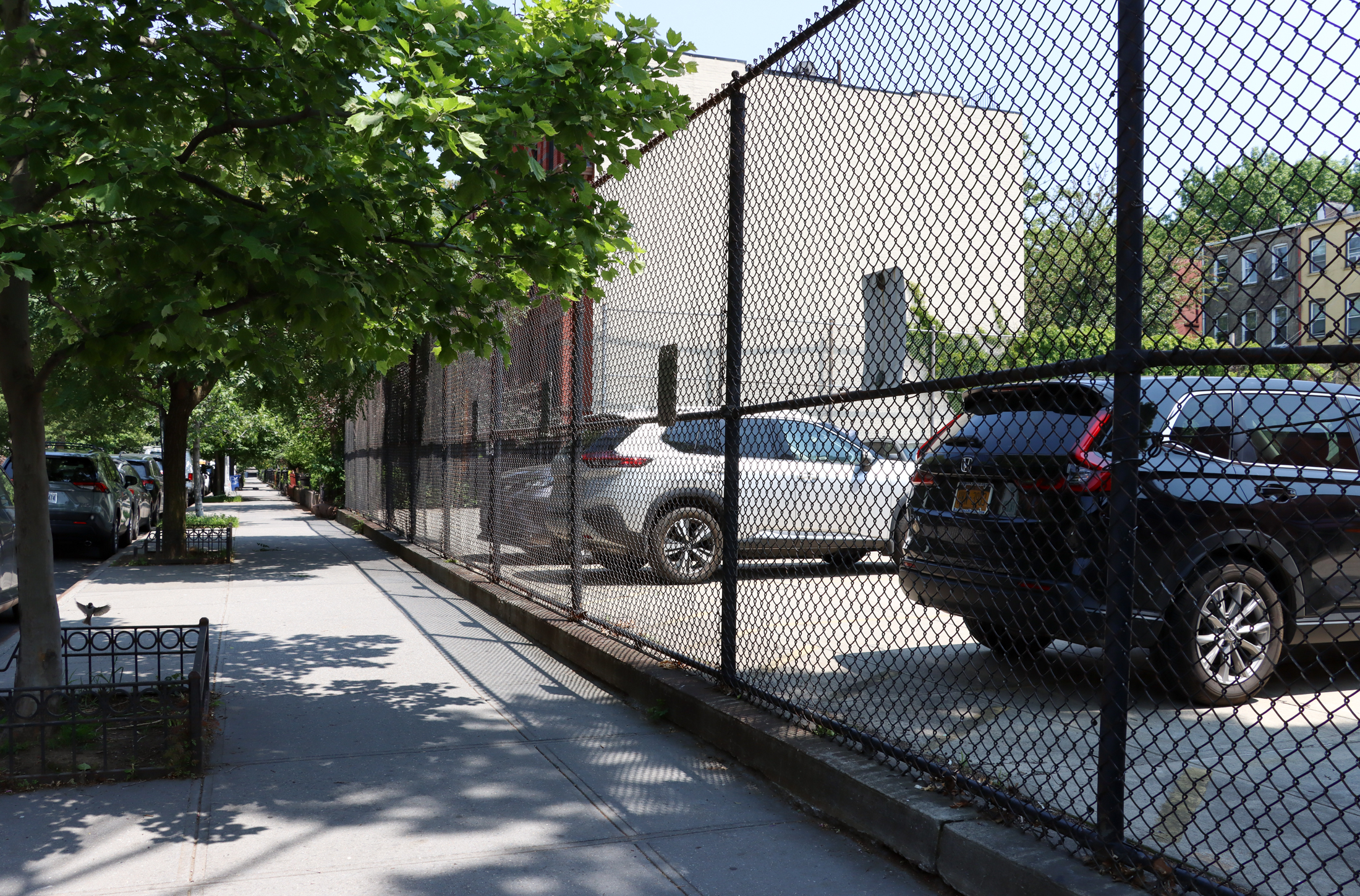 view on halsey street showing chain link fence around parking lot