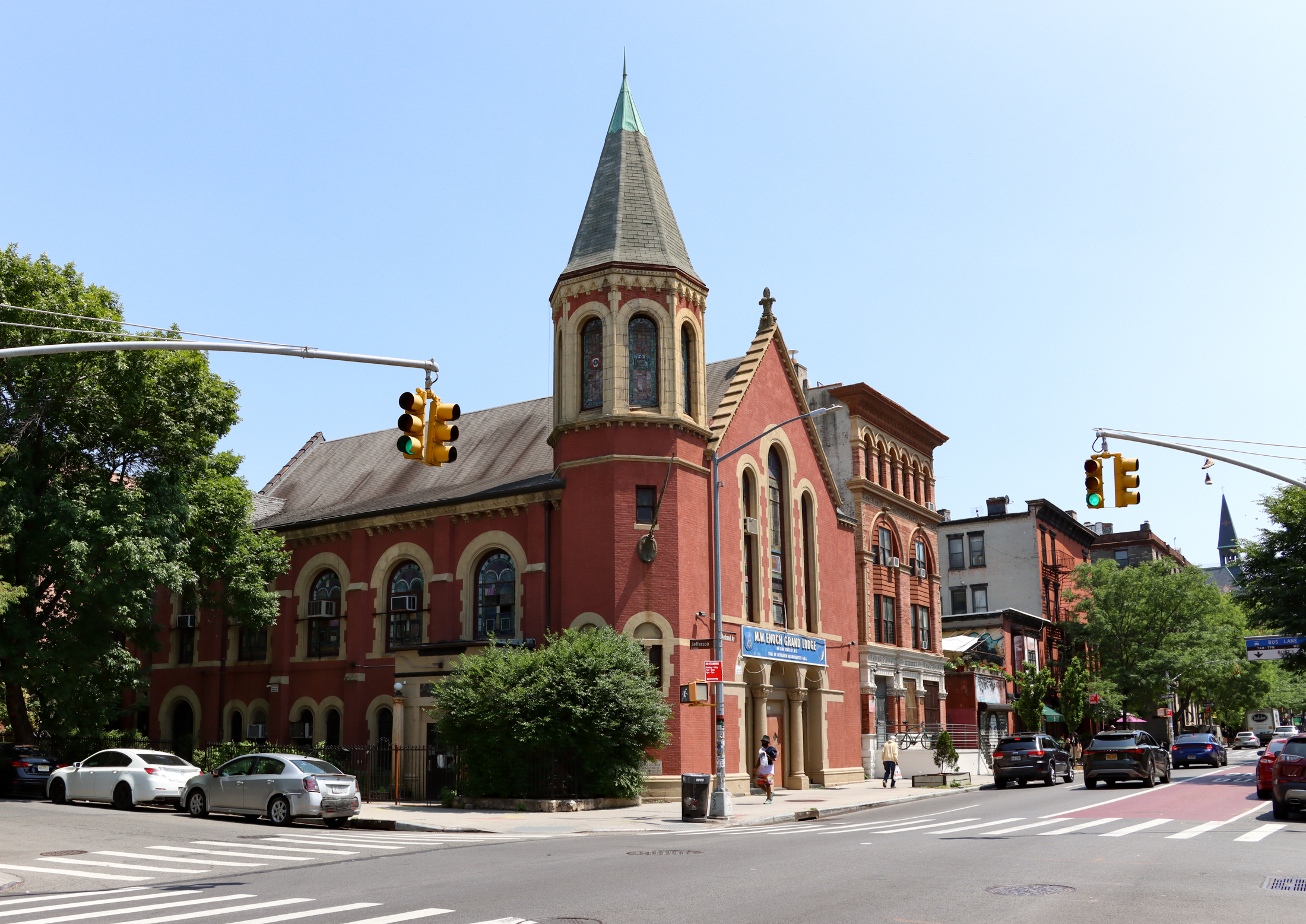 brooklyn - view on nostrand avenue with former church and low scale commercial buildings