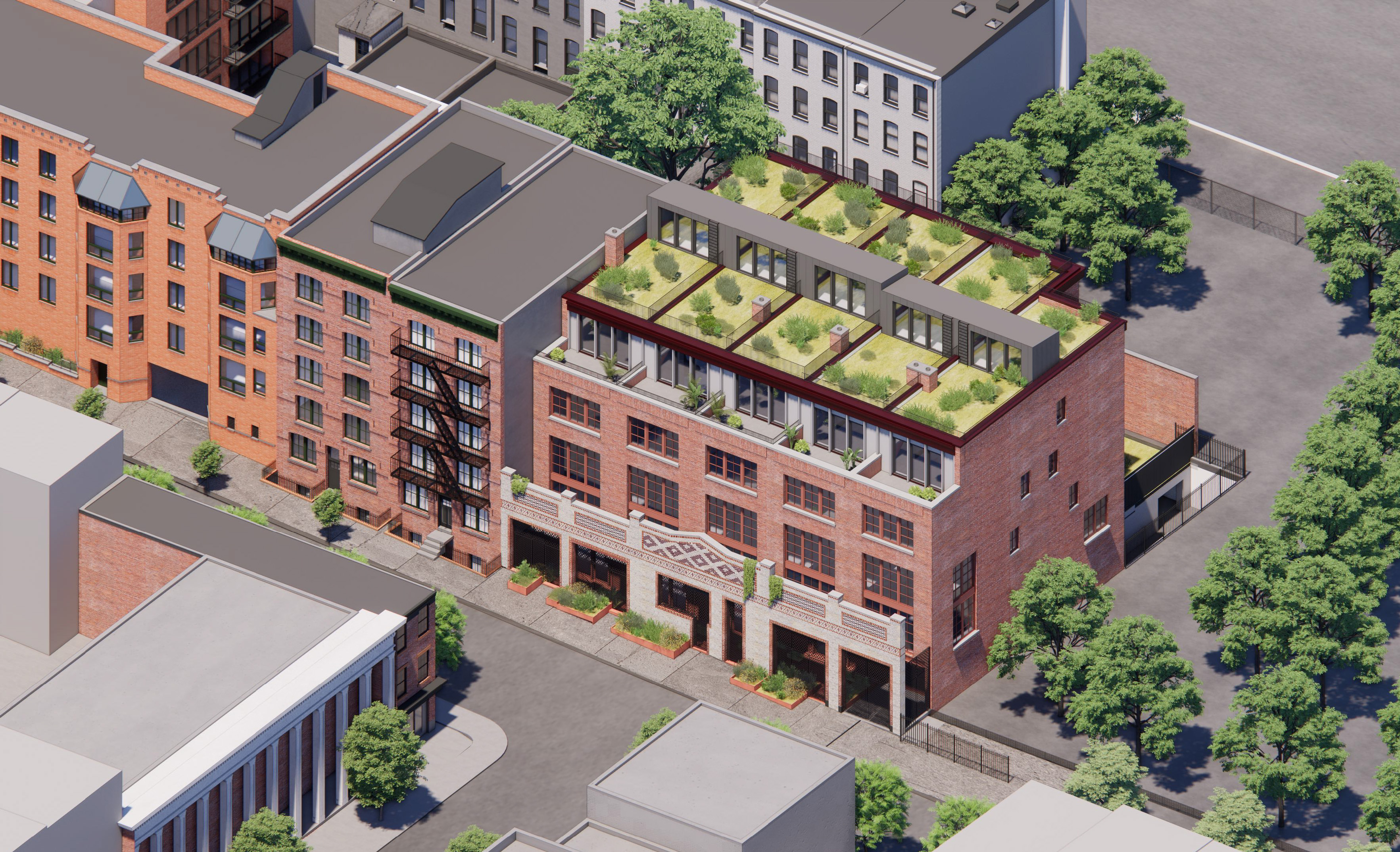 brooklyn heights - proposed brick building with the front facade of a brick garage left standing