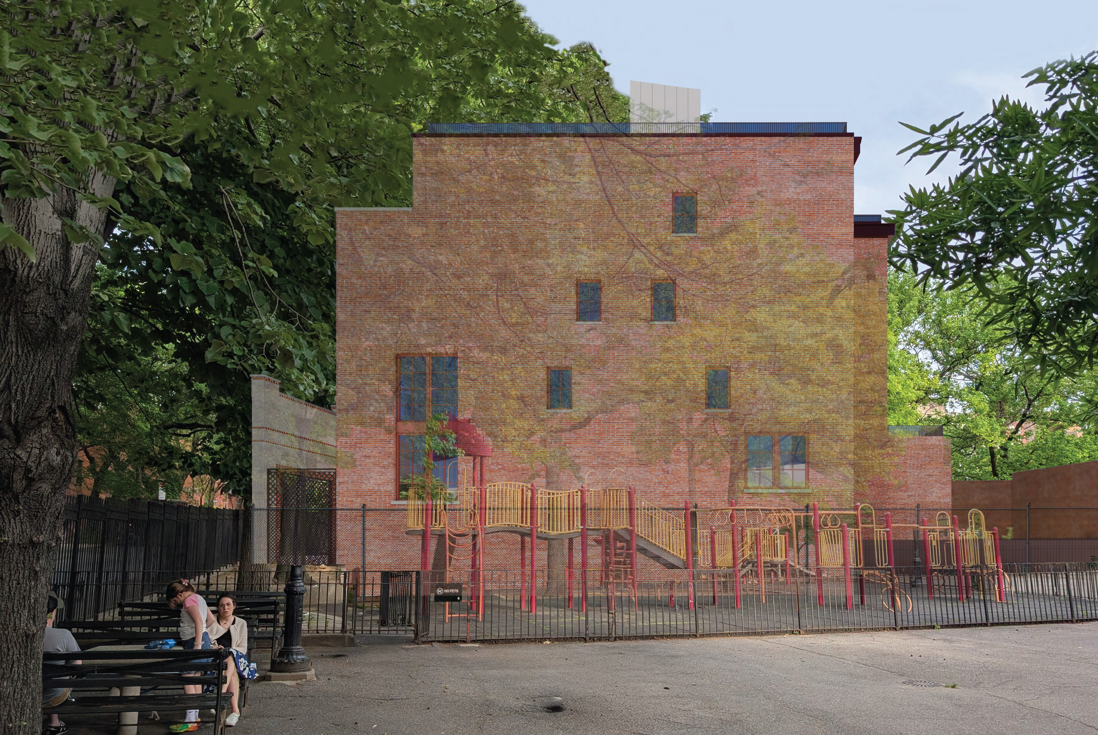 brick side facade behind playground equipment