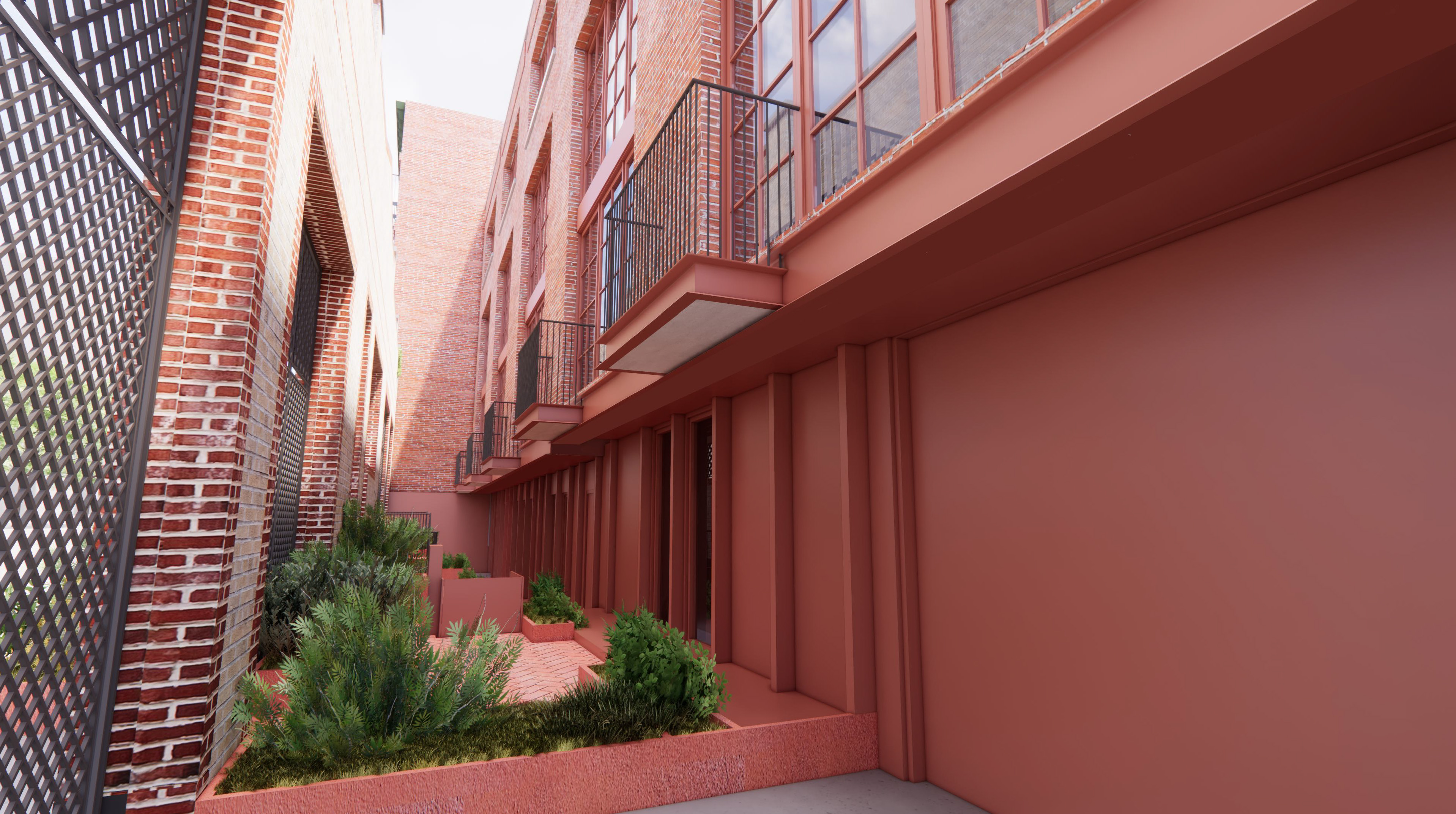 proposed courtyards behind the original garage facade