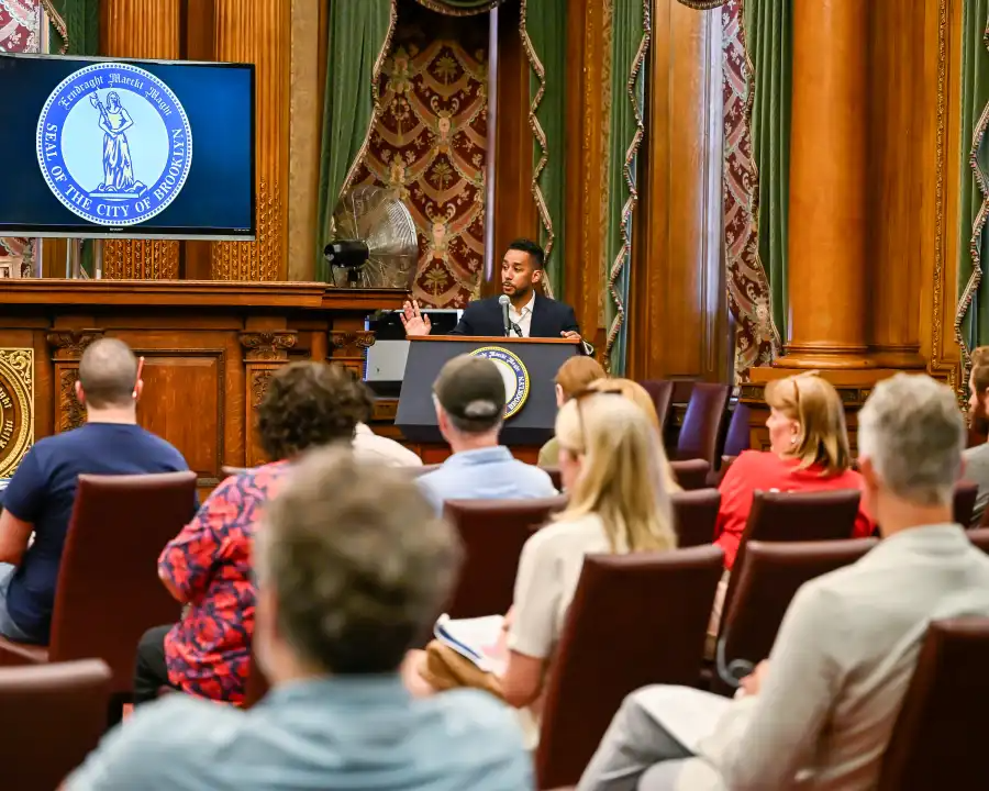 Borough President Antonio Reynoso speaks at a meeting about the Brooklyn Marine Terminal project.