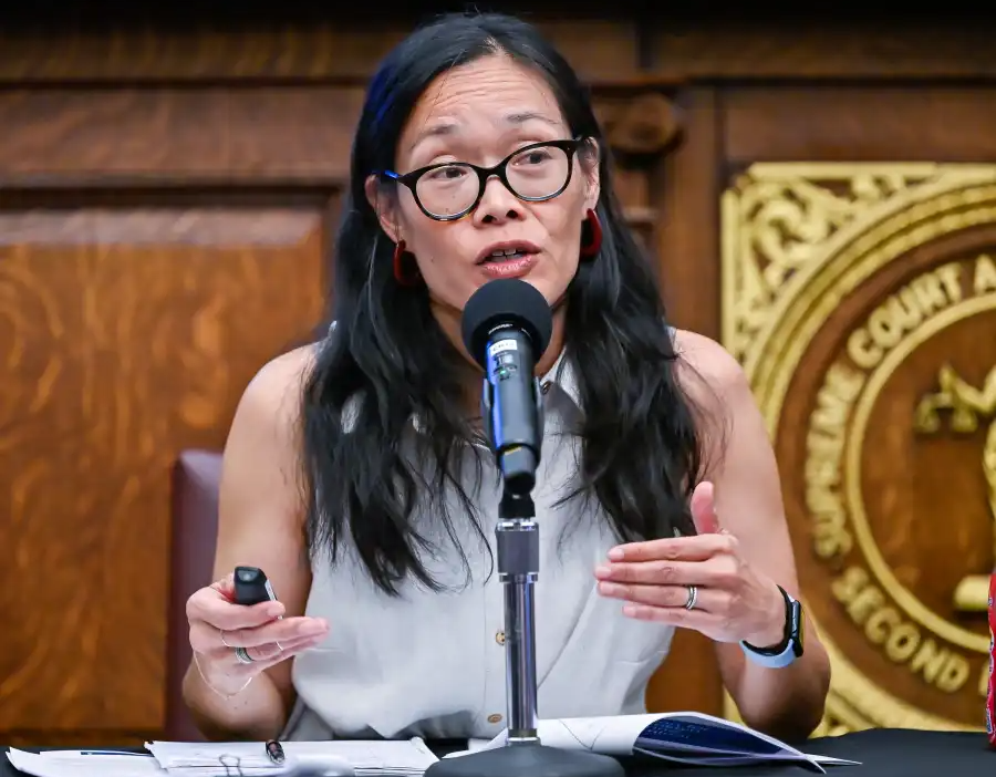 Jennifer Sun, NYCEDC executive vice president of Planning, speaks at a Brooklyn Marine Terminal community session.