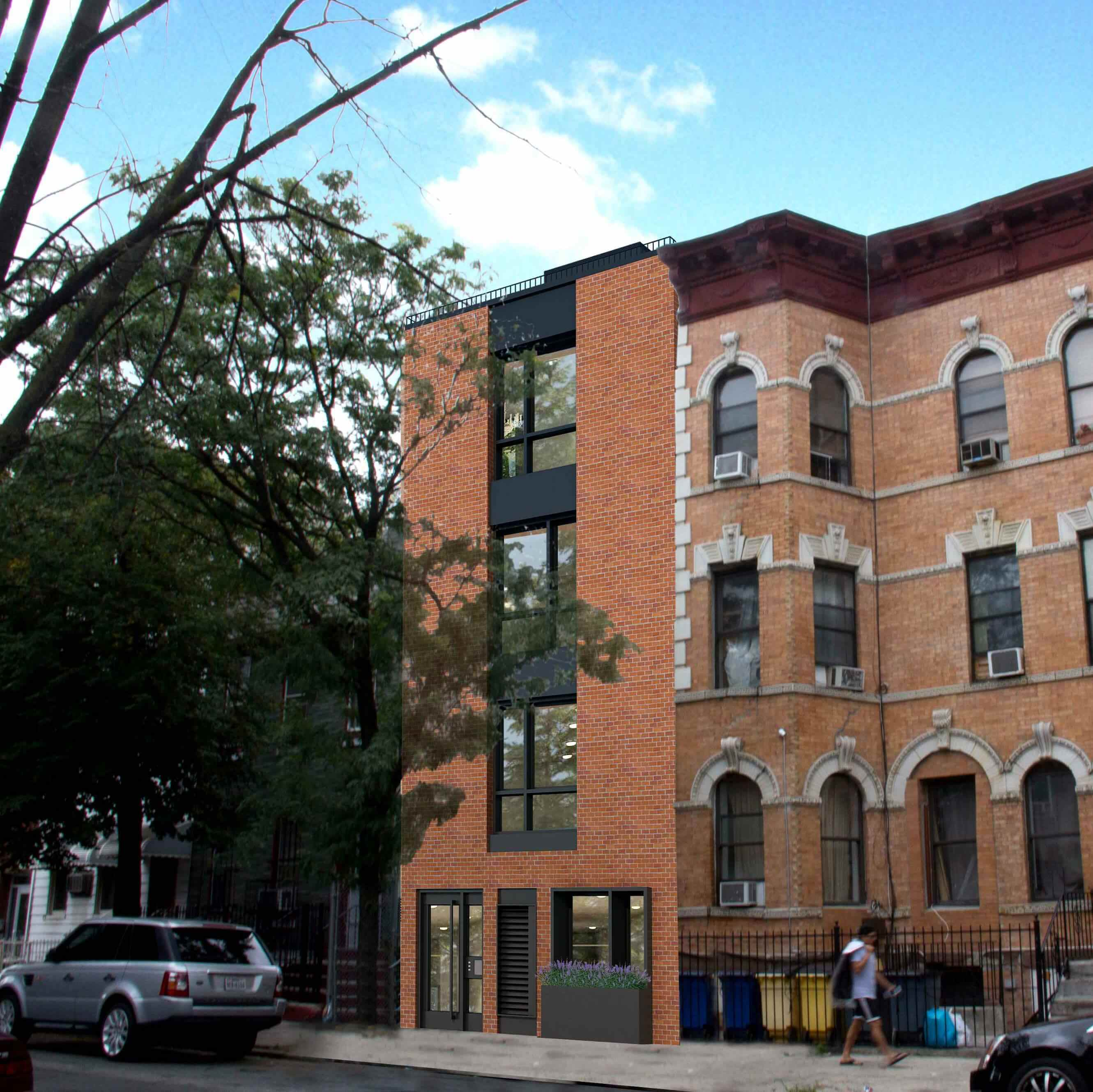 rendering of a new brick residential building next to existing housing