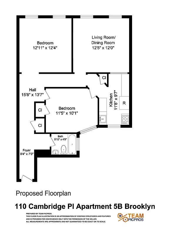 proposed floorplan turning living room into 2nd bedroom