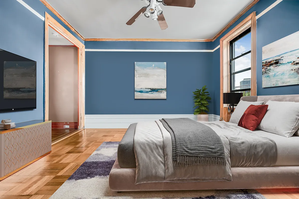 virtually staged 2nd bedroom with blue walls