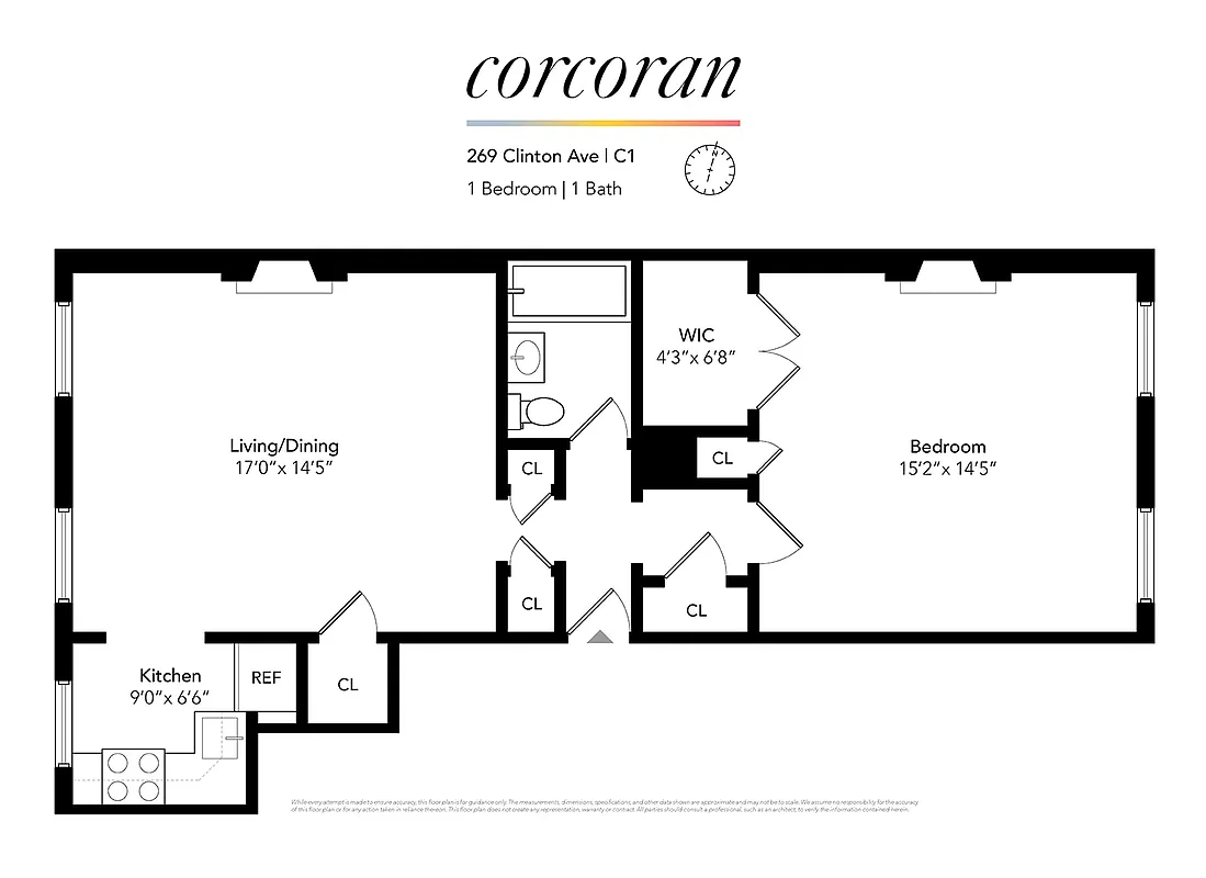 one bedroom floorplan showing six closets