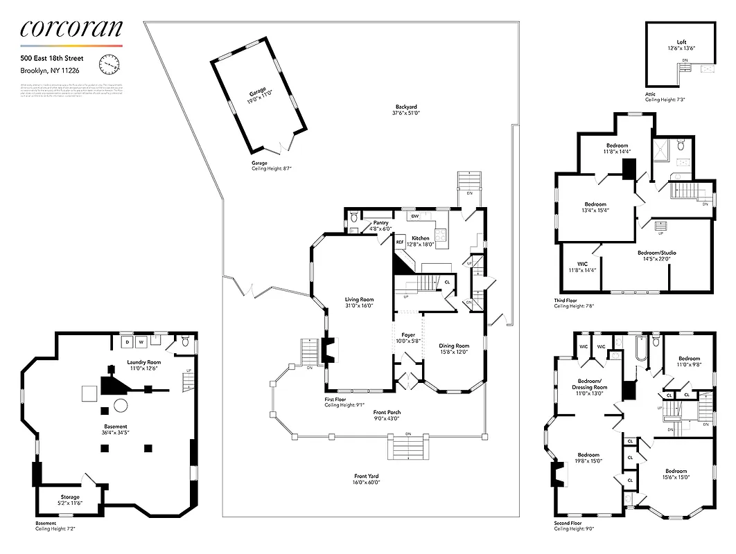 floorplans showing two floors of bedroom space and a yard with a garage