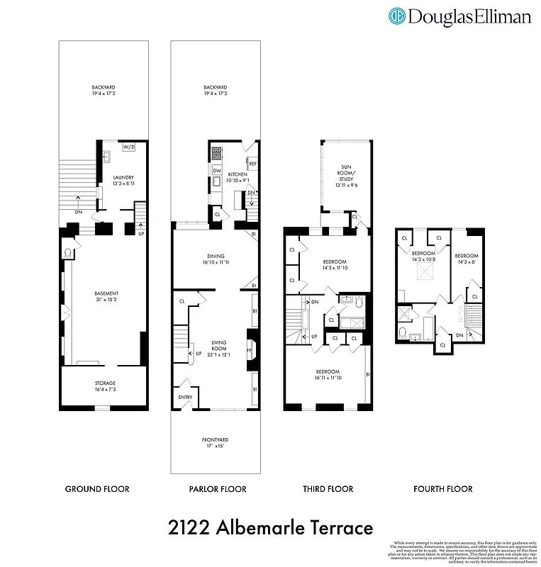 floorplans showing two floors of bedroom space, kitchen on the first floor, and laundry in the basement