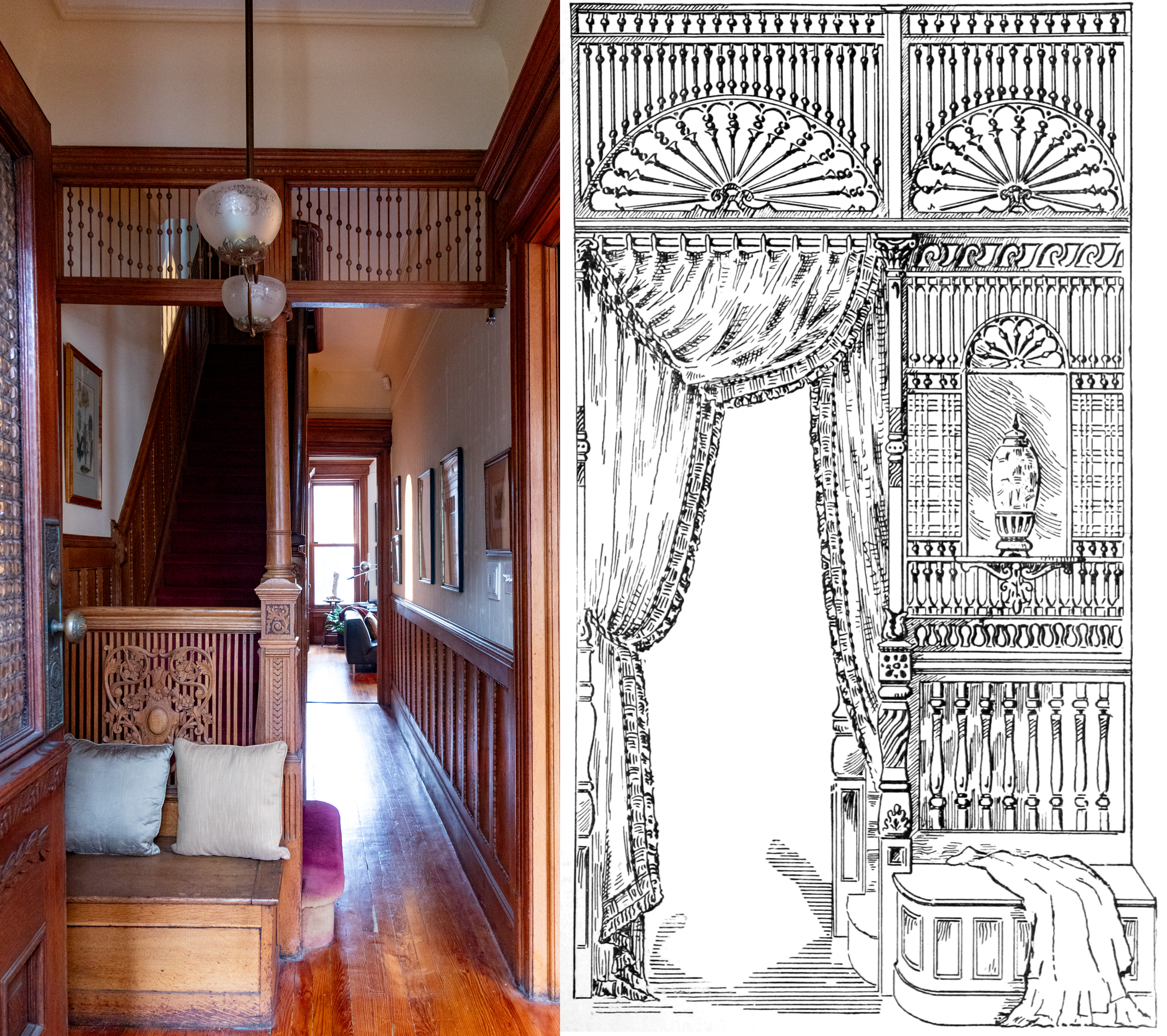 Left: A delicate screen with ball-and-stick swags and a more robust shield with carved greenery decorate a Prospect Lefferts Gardens entry. Photo by Susan De Vries. Right: An illustration in an 1895 Jordan, Marsh & Co. catalog of fretwork screens, titled “Modern Art Grilles,” depicts fretwork and a portiere separating an entry bench from a stair