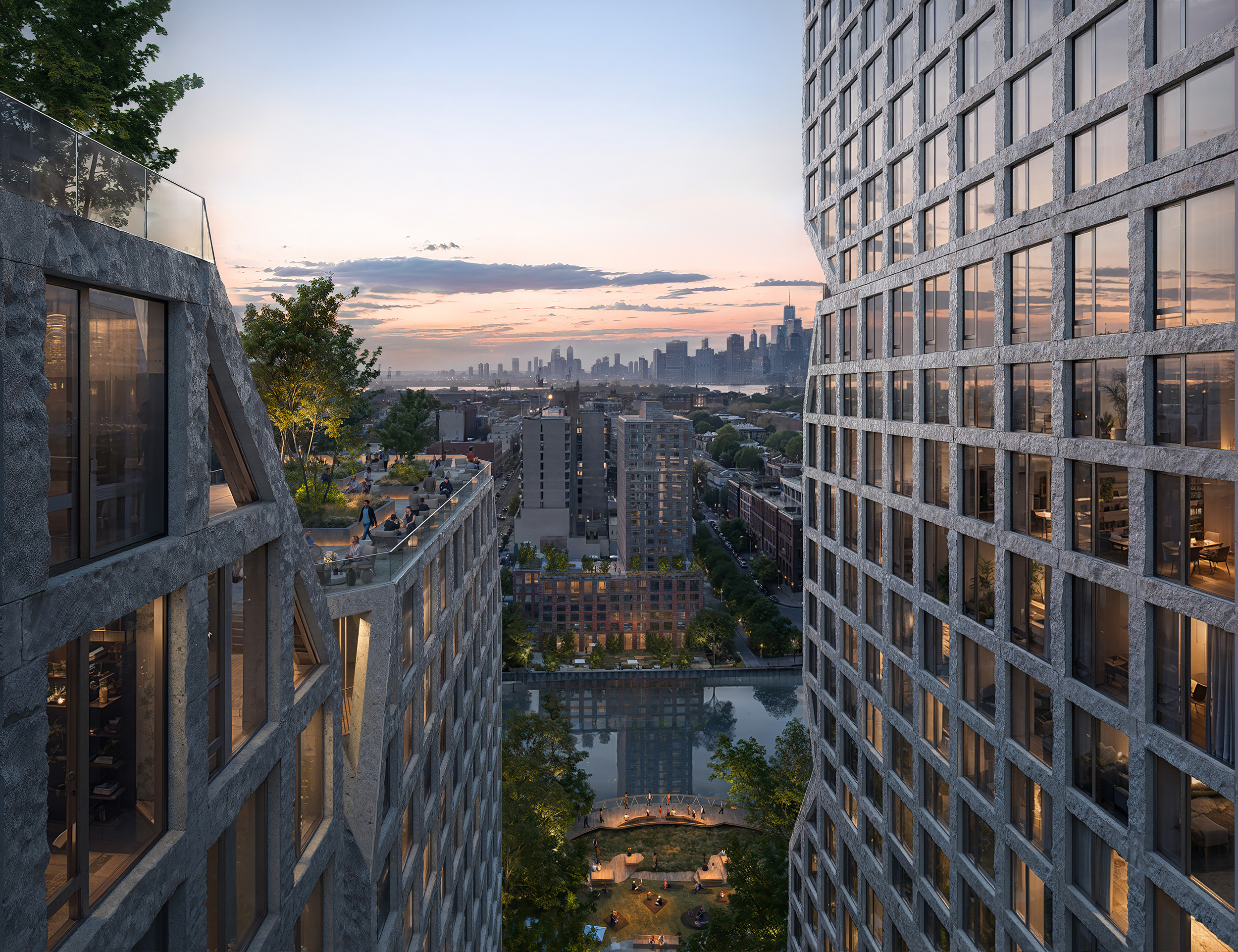dusk rendering showing courtyard between buildings