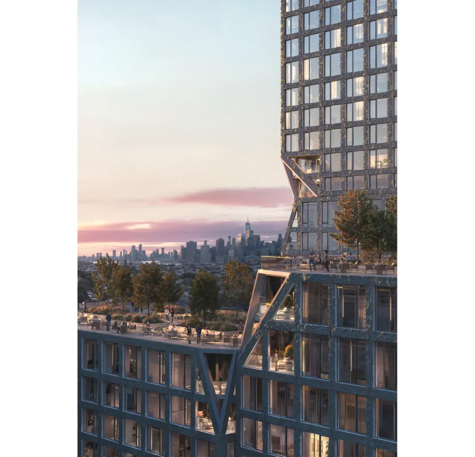 rendering at dusk with view of the rooftop garden