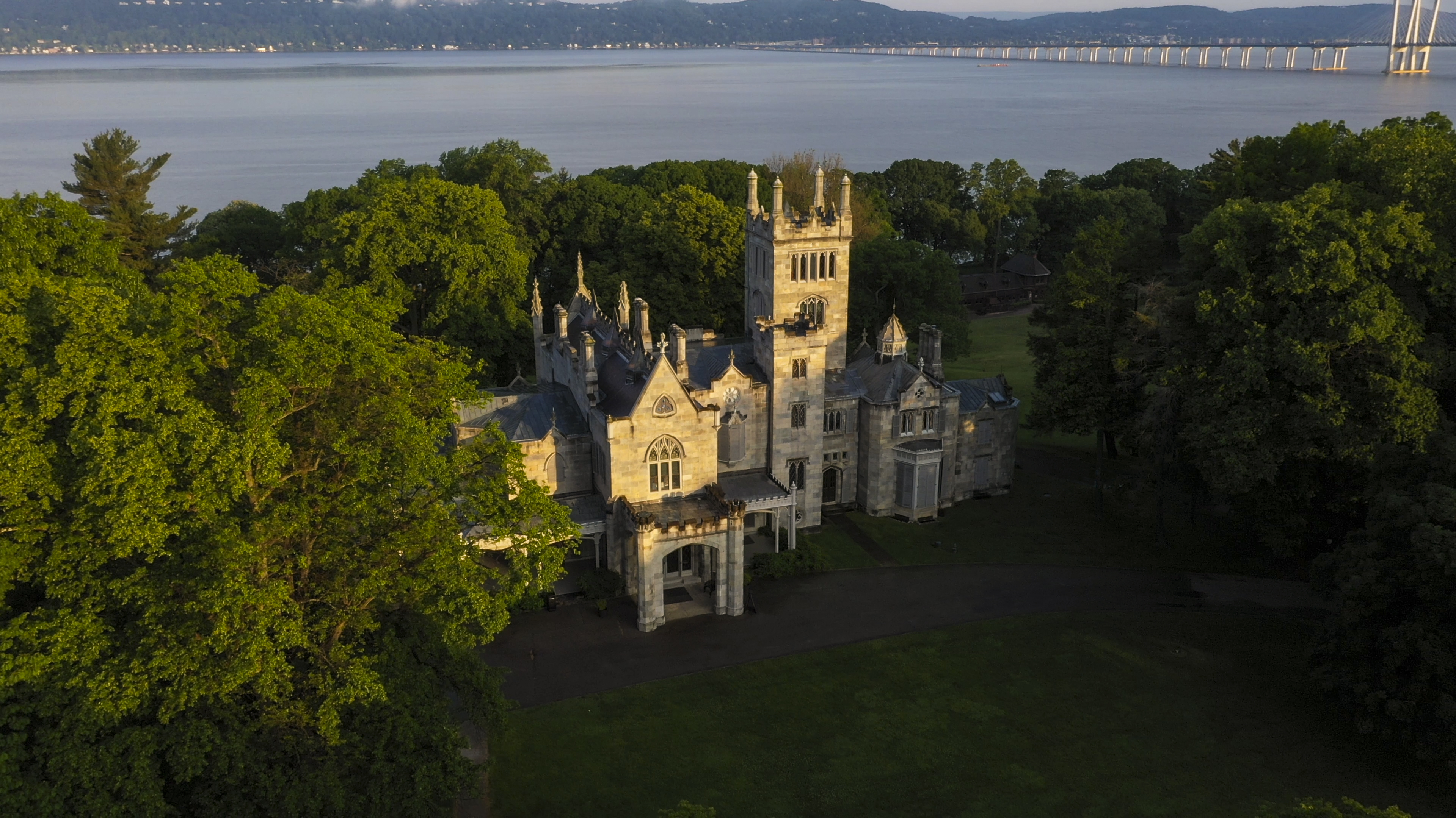 aerial view of lyndhurst castle with view of the Hudson in background
