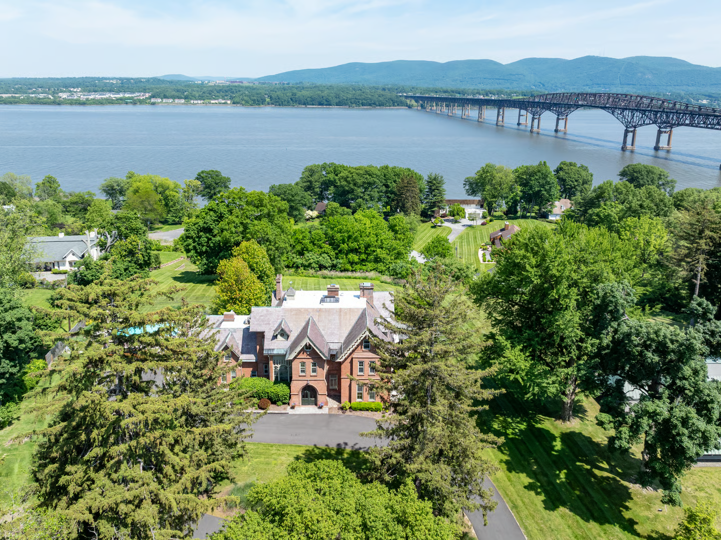 aerial view of the house showing the hudson river and the newburg-beacon bridge beyond