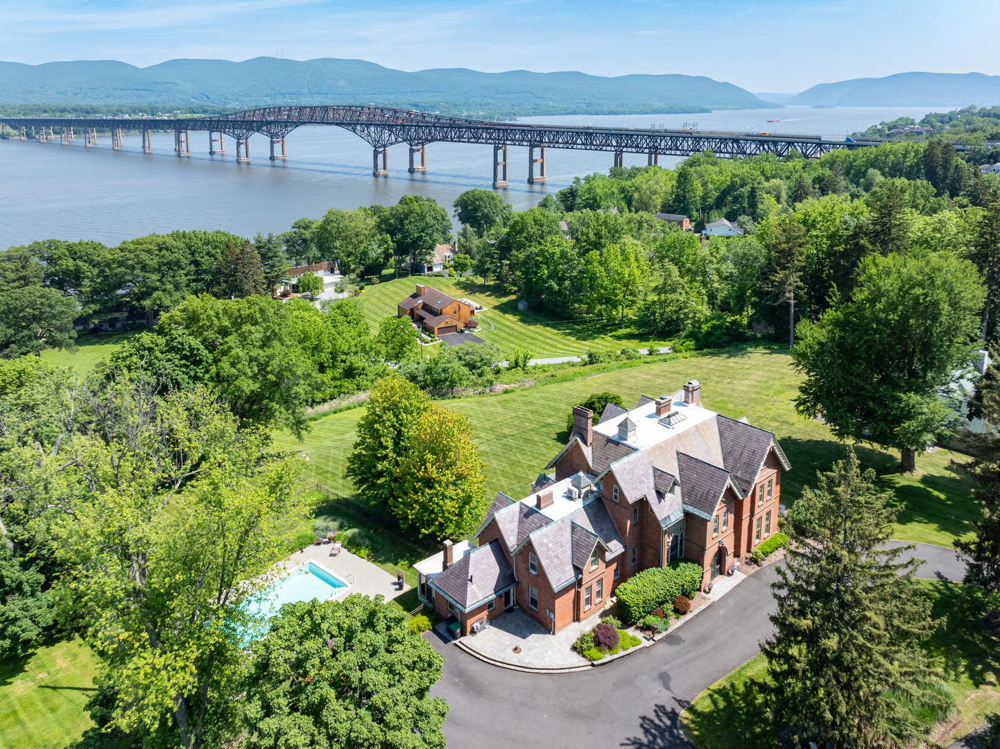 aerial view of the house showing the hudson river and the newburg-beacon bridge beyond
