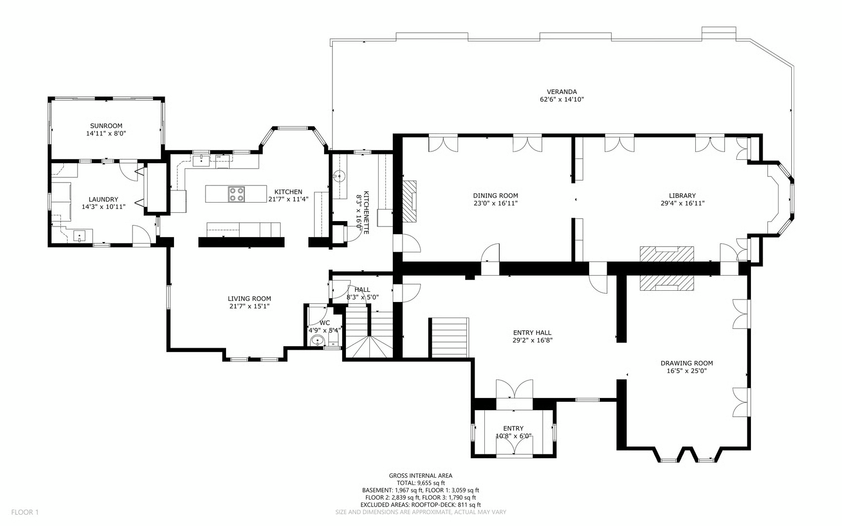 first floor with large entry hall, drawing room, library and dining room and then kitchen in a wing