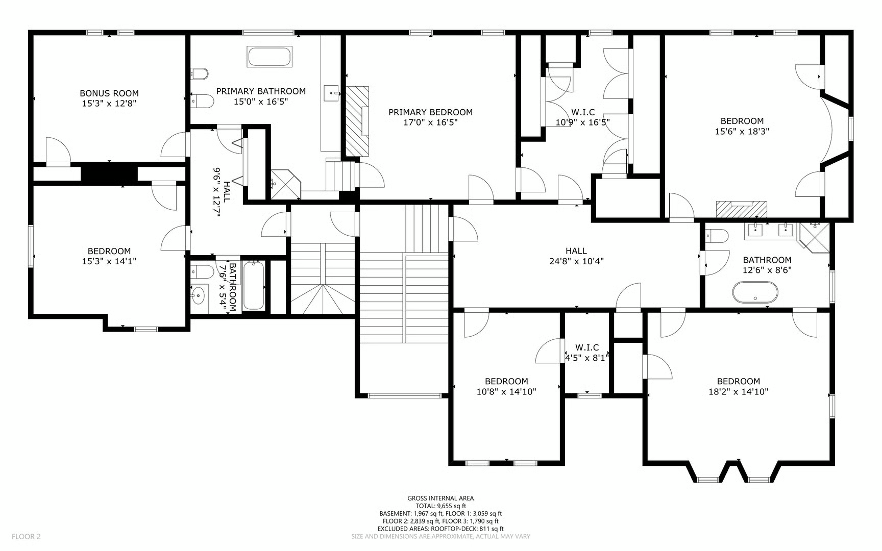 second floor with multiple bedrooms and three baths