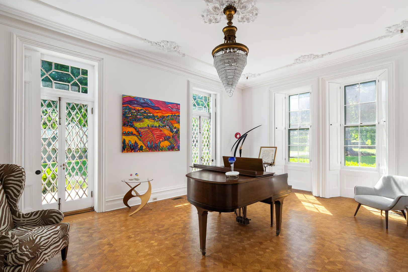 parlor with french doors, plasterwork