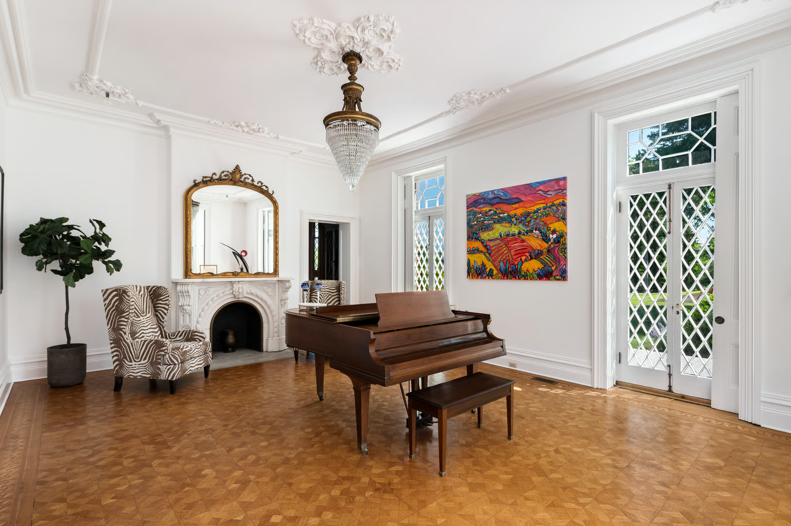 parlor with marble mantel, french doors