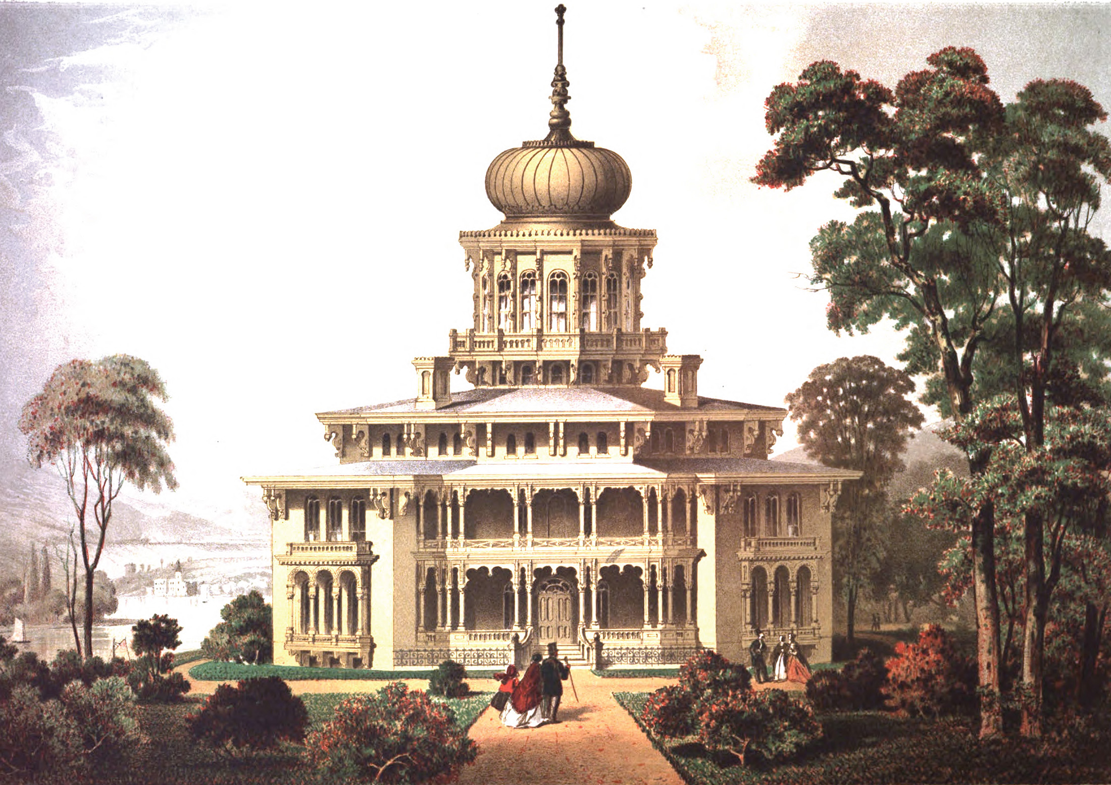 a color plate showing an octagon house with a dome on top