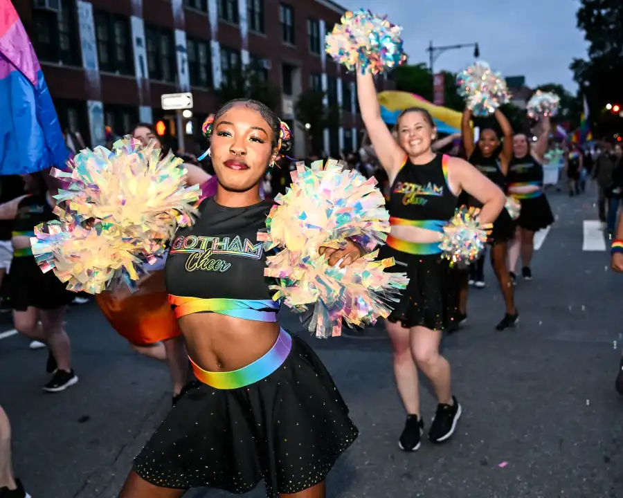 Gotham Cheer performs spirited routines along the Brooklyn Pride Parade route.