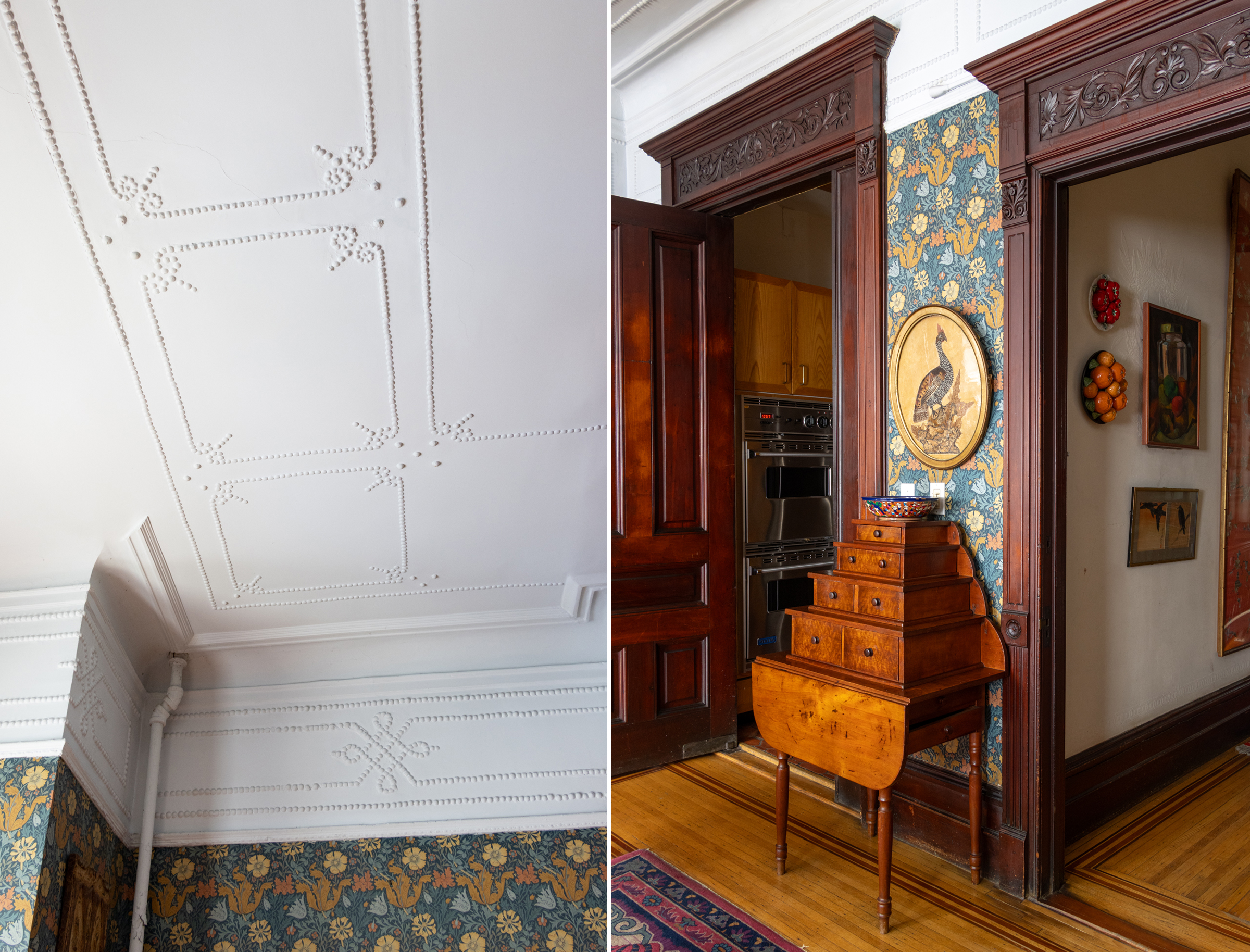 collage with plaster details and wallpaper details in the dining room