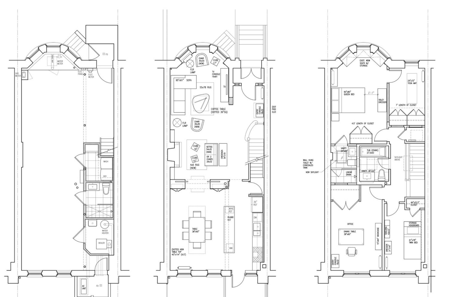 floorplan showing kitchen on parlor level and three bedrooms above