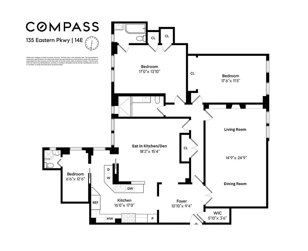 floorplan with bedrooms at one end of the floorplan and a third off the kitchen