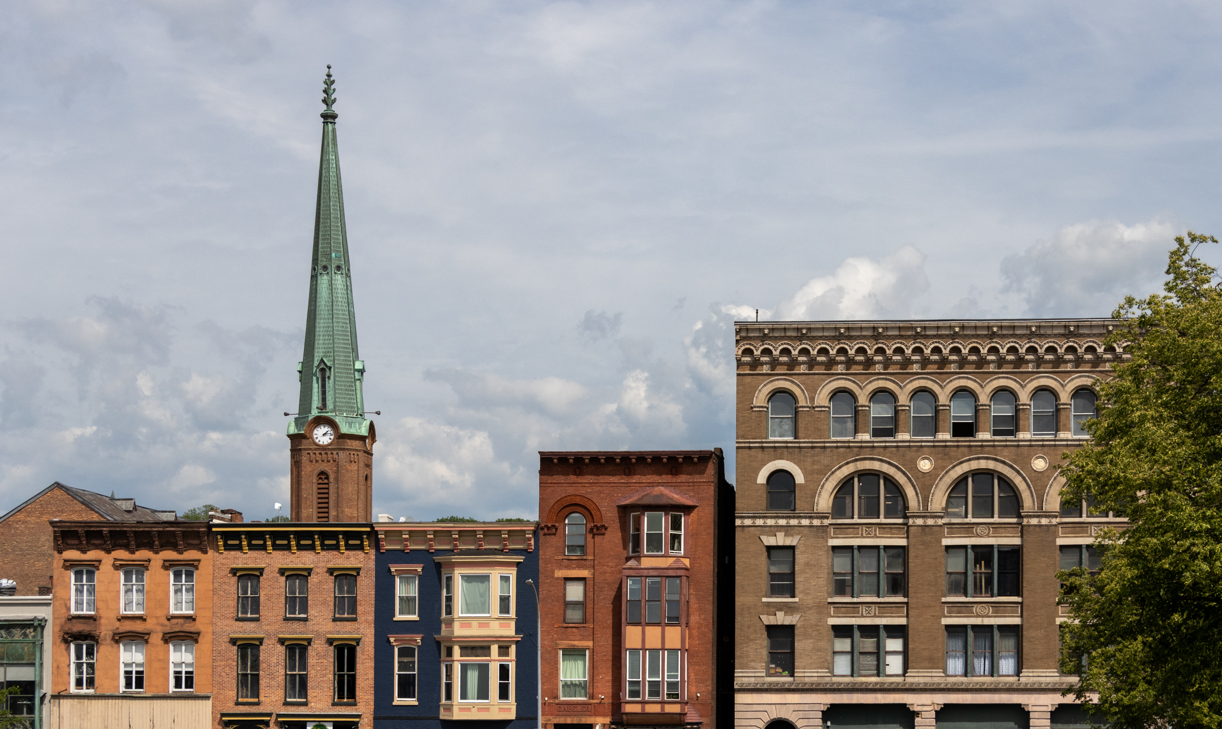 troy - commercial buildings and a church steeple